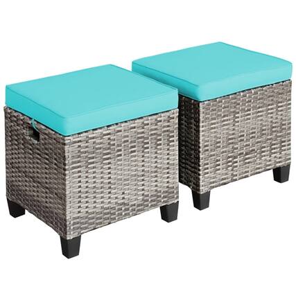 Front. Pefilos - 2PCS Patio Rattan Wicke Ottoman Seat with Removable Cushions-Tuquoise, All Weathe Wicke Ottoman, Outdoo Footstool - Blue.