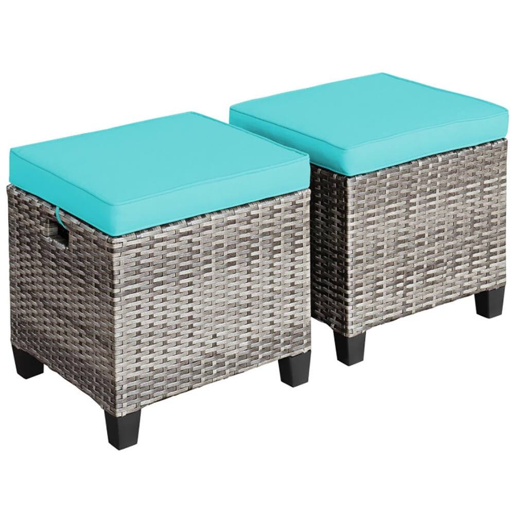 Front. Pefilos - 2PCS Patio Rattan Wicke Ottoman Seat with Removable Cushions-Tuquoise, All Weathe Wicke Ottoman, Outdoo Footstool - Blue.