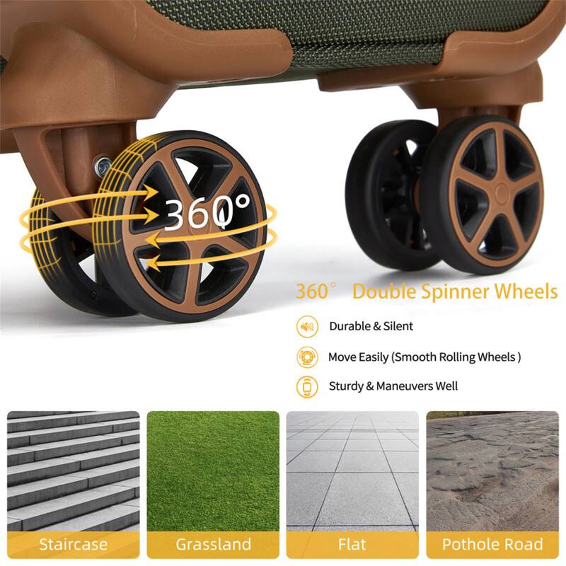360° Double Spinner Wheels

- Durable & Silent
- Move Easily (Smooth Rolling Wheels)
- Sturdy & Maneuvers Well

Staircase  
Grassland  
Flat  
Pothole Road