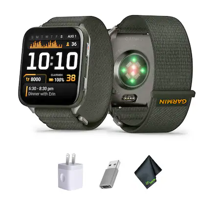 Sure, here is the corrected and grouped text from the image:
---
**Watch Face:**
- SMTWTFS AUG 1
- 10:10
- 36
- 8000
- 100%
- 38
- 6:30 - 8:30 pm
- Dinner with Erin
**Watch Band:**
- GARMIN
- TITANIUM - VINYL - SAPPHIRE CRYSTAL
- TAIWAN
- M/N A04702
**Charger:**
- GARMIN
**USB Cable:**
- (No visible text)
**Cleaning Cloth:**
- Garmin
---