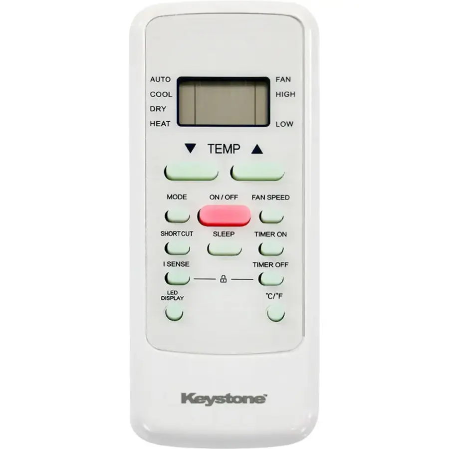 The image features a white Keystone thermostat with a digital display. The thermostat has several buttons, including "Auto," "Fan," "Cool," "Heat," "Low," "High," "Dry," "Sleep," "Timer," "On," "Off," "Fan Speed," "Shortcut," and "I Sense." The thermostat is designed to control the temperature and fan settings in a room, providing users with various options for comfort and energy efficiency.