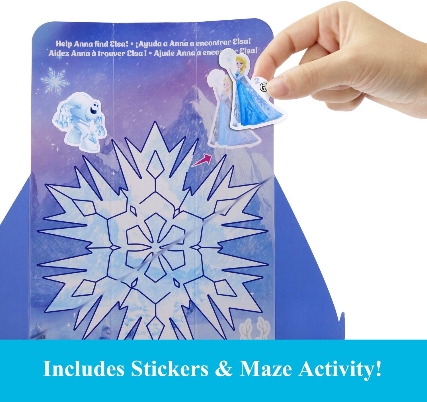 Help Anna find Elsa!  
Ayuda a Anna a encontrar Elsa!  
Aidez Anna à trouver Elsa!  
Ajude Anna a encontrar Elsa!  

Includes Stickers & Maze Activity!