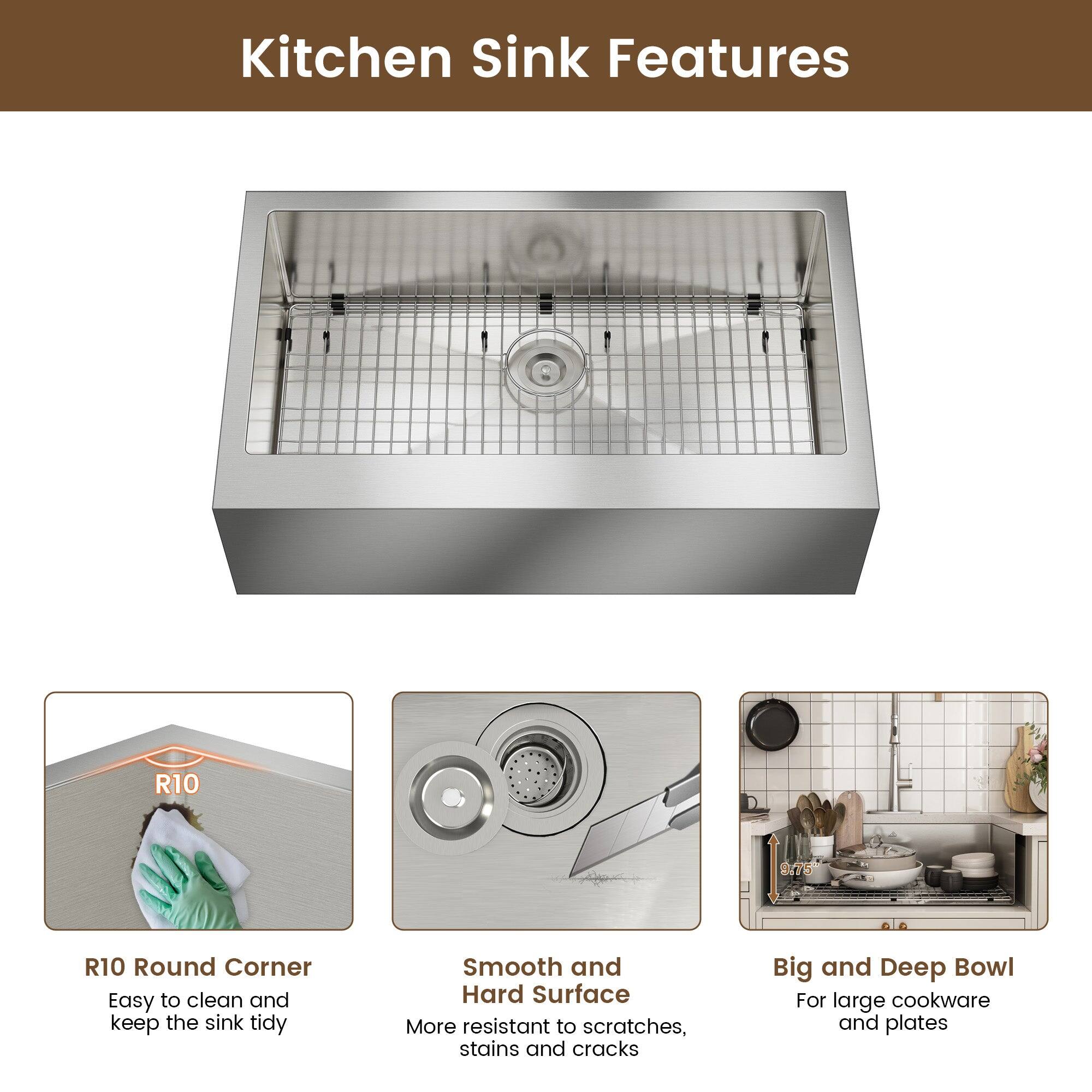 Kitchen Sink Features

R10 Round Corner
Easy to clean and keep the sink tidy

Smooth and Hard Surface
More resistant to scratches, stains and cracks

Big and Deep Bowl
For large cookware and plates
