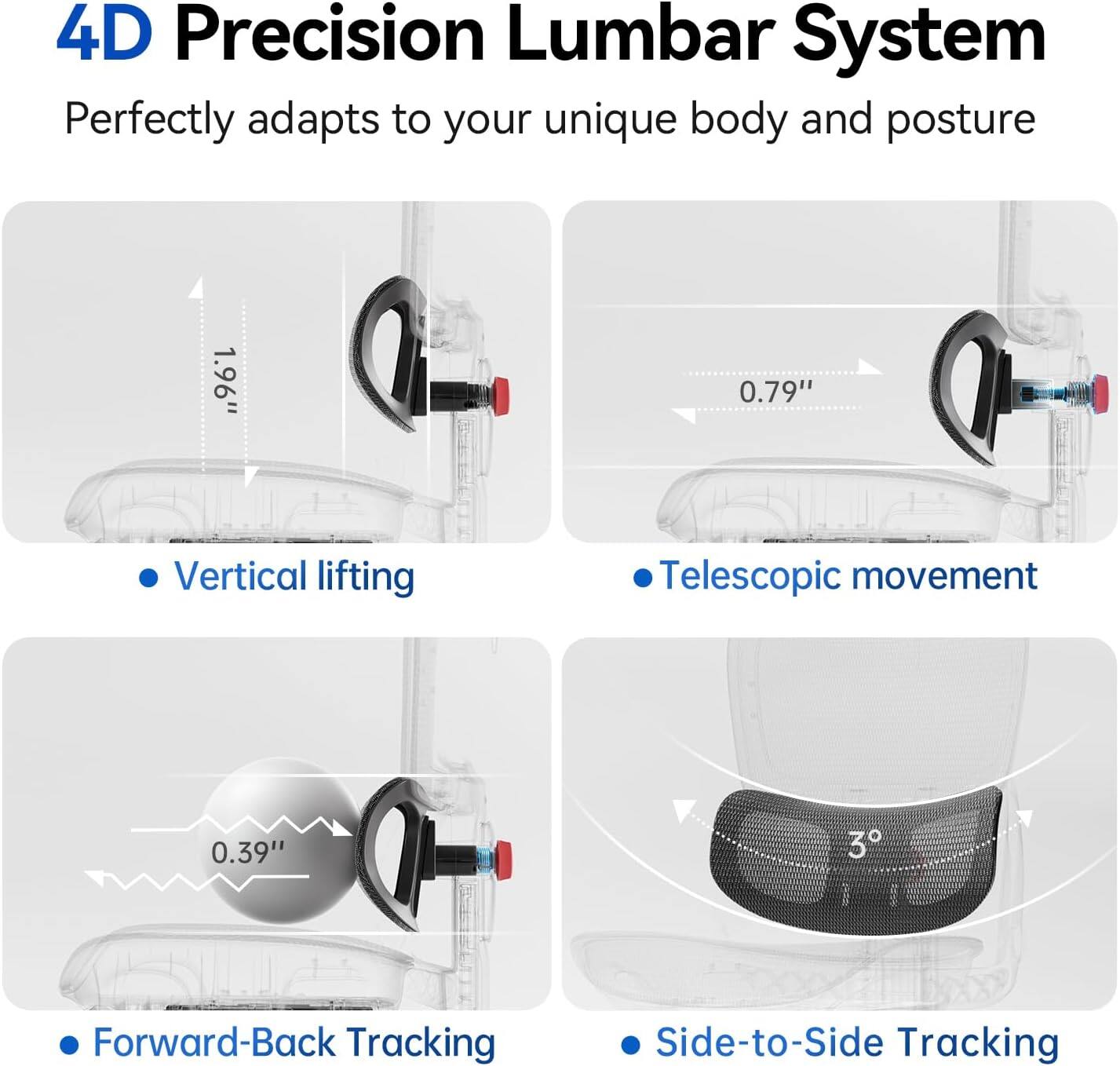 4D Precision Lumbar System  
Perfectly adapts to your unique body and posture

- Vertical lifting  
- Telescopic movement  
- Forward-Back Tracking  
- Side-to-Side Tracking