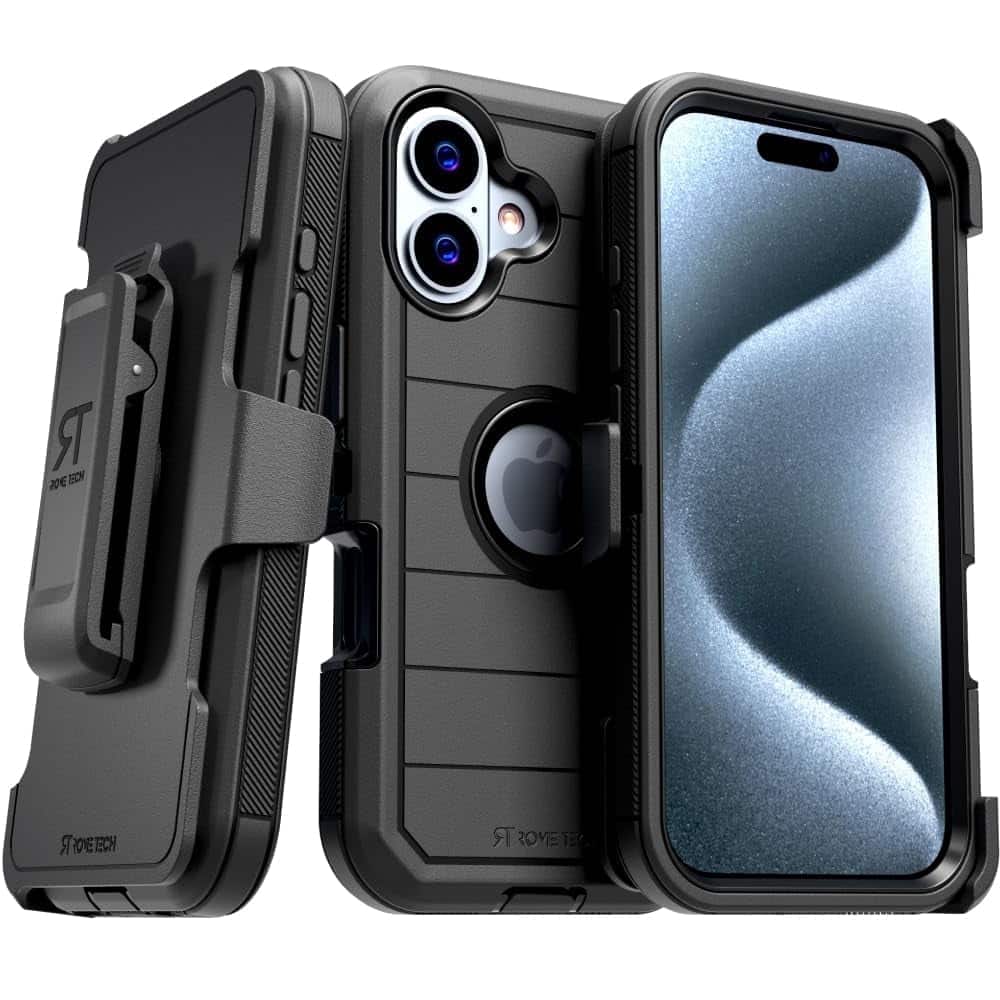 RomeTech - Defender Case for iPhone 16 Plus with Belt Clip, Kickstand, Dual-Layer - Black