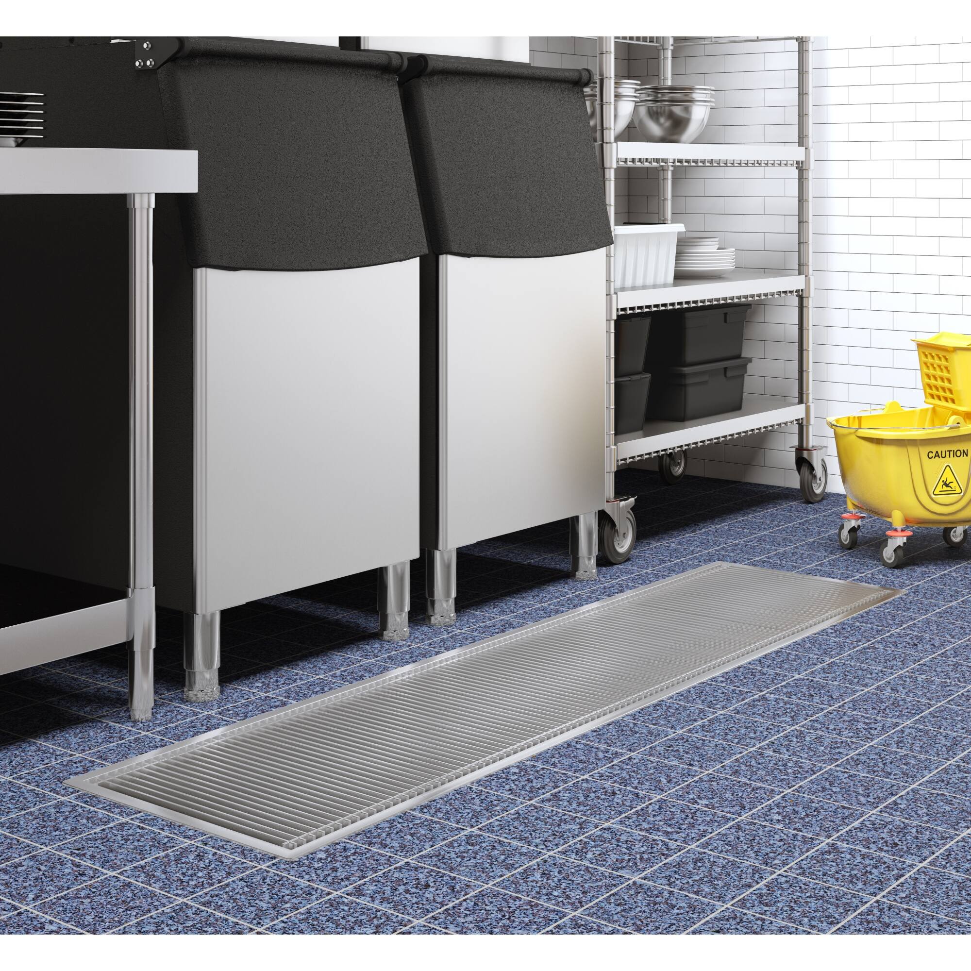 Left. Koolmore - 18" x 84" Stainless Steel Floor Trough Drain, 14-Gauge with Subway-Style Grating & Removable Drain Basket, NSF Listed - Stainless-Steel.