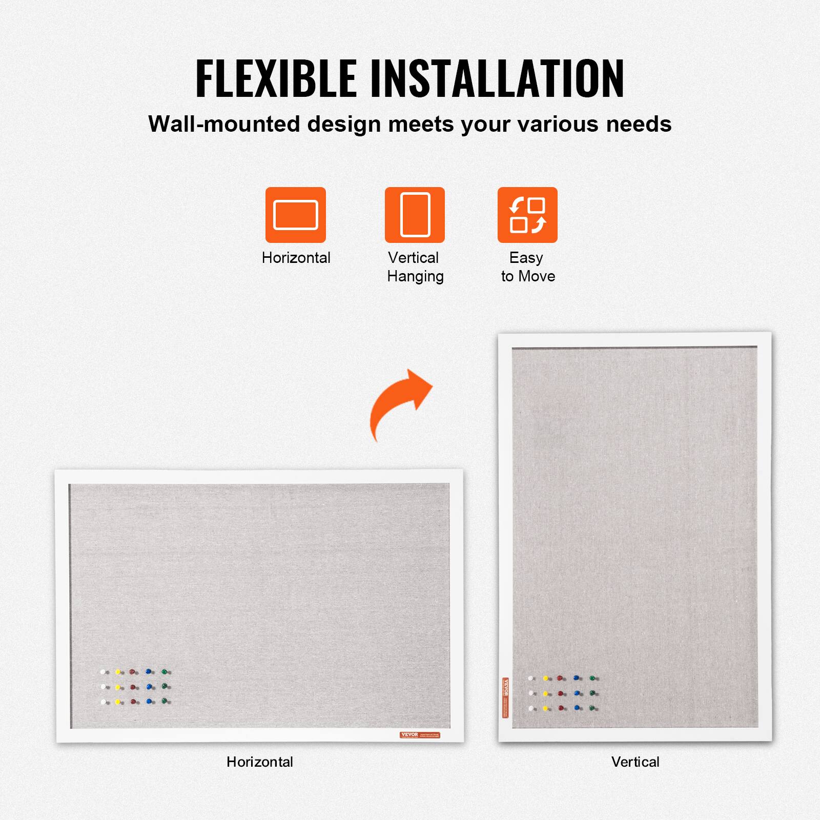 FLEXIBLE INSTALLATION Wall-mounted design meets your various needs Horizontal Vertical Hanging Easy to Move Horizontal Vertical