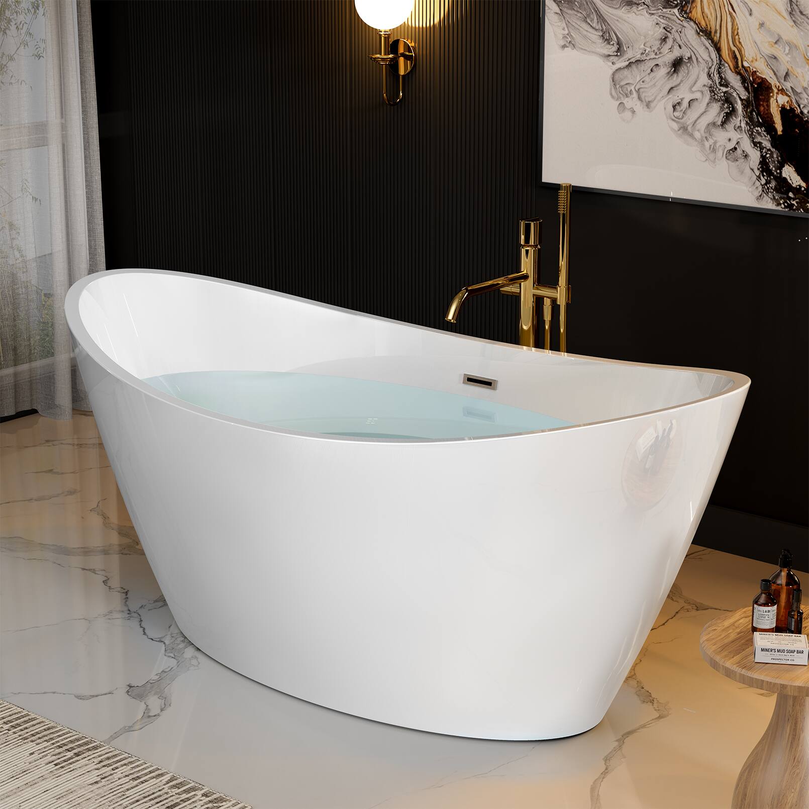 Back. Empava - 67 in. x 29.5 in. Freestanding Flat Bottom Bath Tub Oval Soaking Bathtub with Center Drain - White.