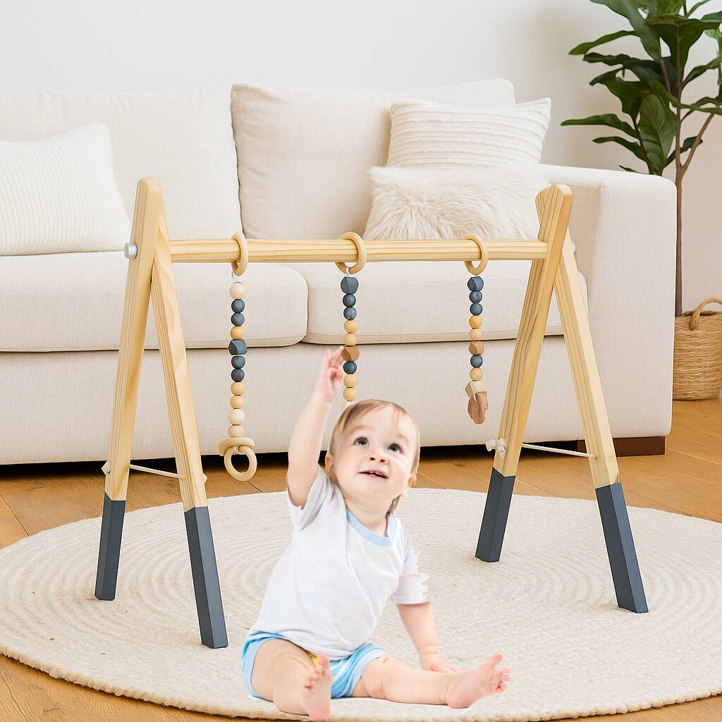 Angle. Hivvago - Wooden Baby Activity Gym with Three Detachable Hanging Toys - Gray.