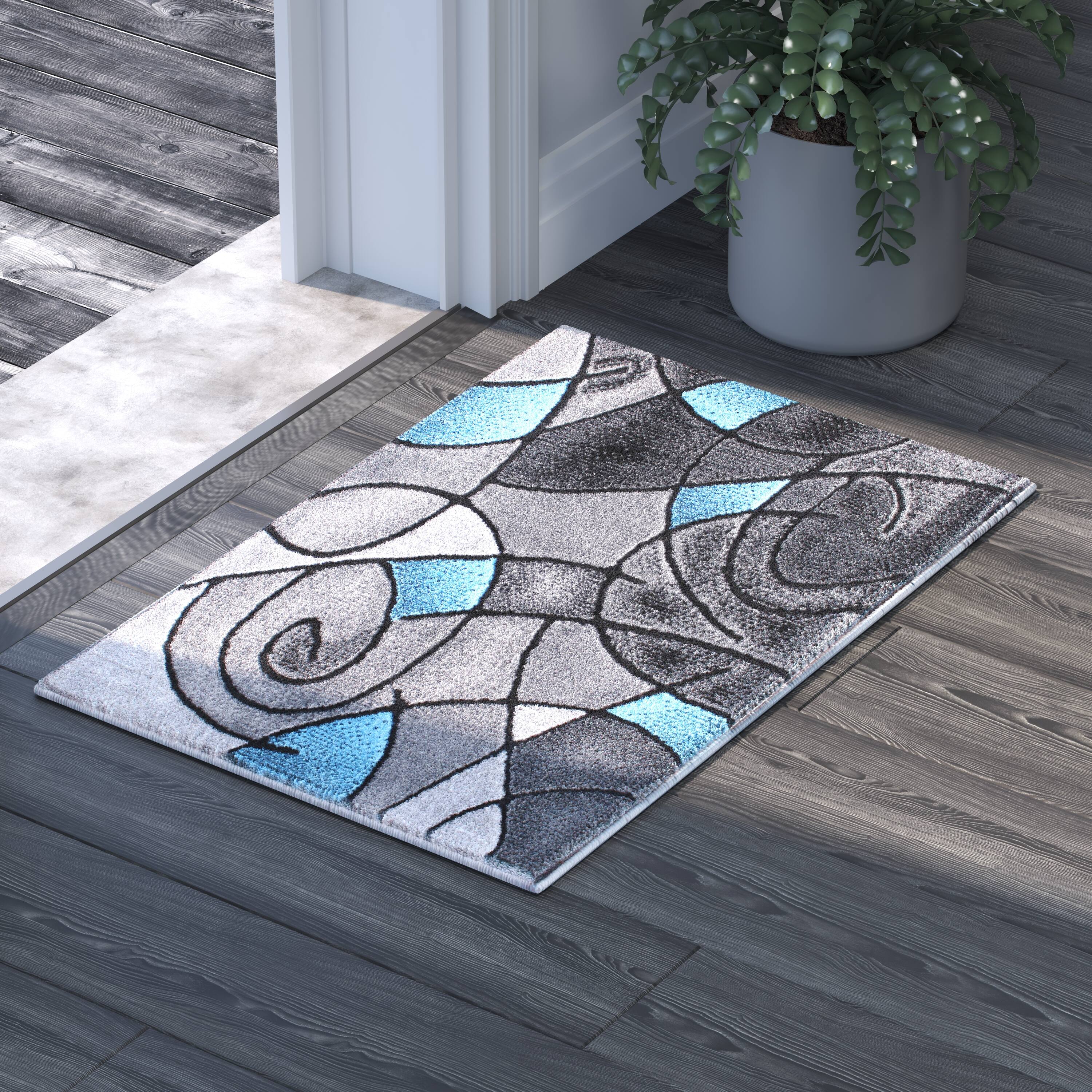 Emma + Oliver - Urbane Contemporary Abstract Geometric Olefin Accent Rug in Gradient Shades with Natural Jute Backing - Blue