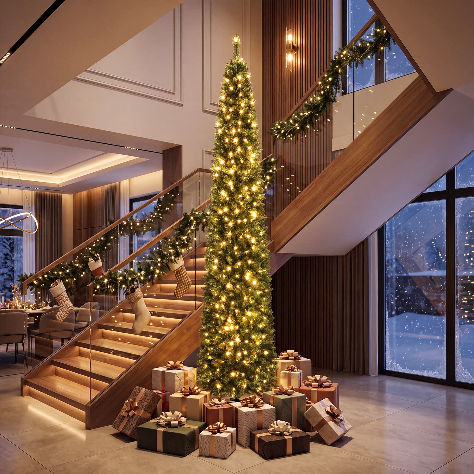Gymax - 9 FT Pre-Lit Artificial Christmas Tree Realistic Slim Pencil Xmas Tree - Green