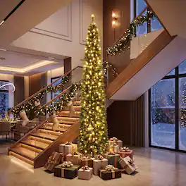 Gymax - 9 FT Pre-Lit Artificial Christmas Tree Realistic Slim Pencil Xmas Tree - Green