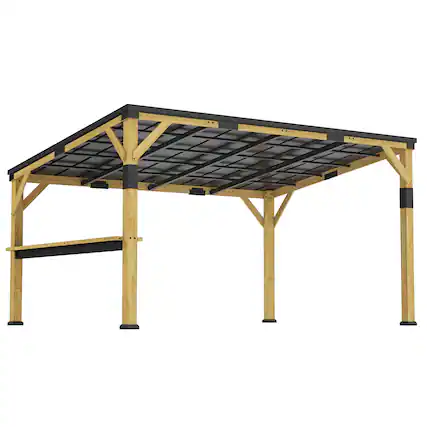 Front. Outsunny - 10' x 14' Wooden Gazebo, Hardtop Lean-to Gazebo Pergola with Galvanized Steel Sloped Roof, Bar Shelf.