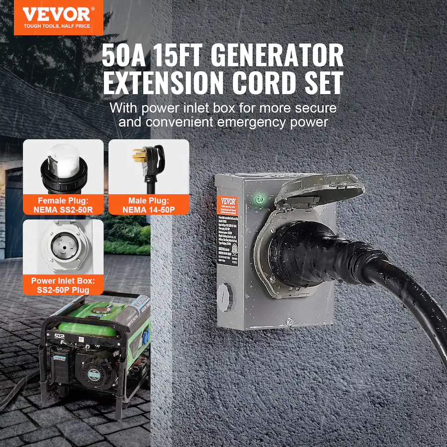 VEVOR 50 Amp Generator Cord and Power Inlet Box Kit, 15FT, NEMA 14 50P ...