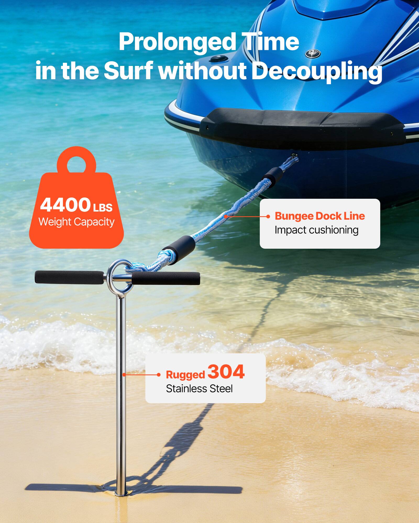 Prolonged Time in the Surf without Decoupling

4400 LBS Weight Capacity

Bungee Dock Line Impact cushioning

Rugged 304 Stainless Steel