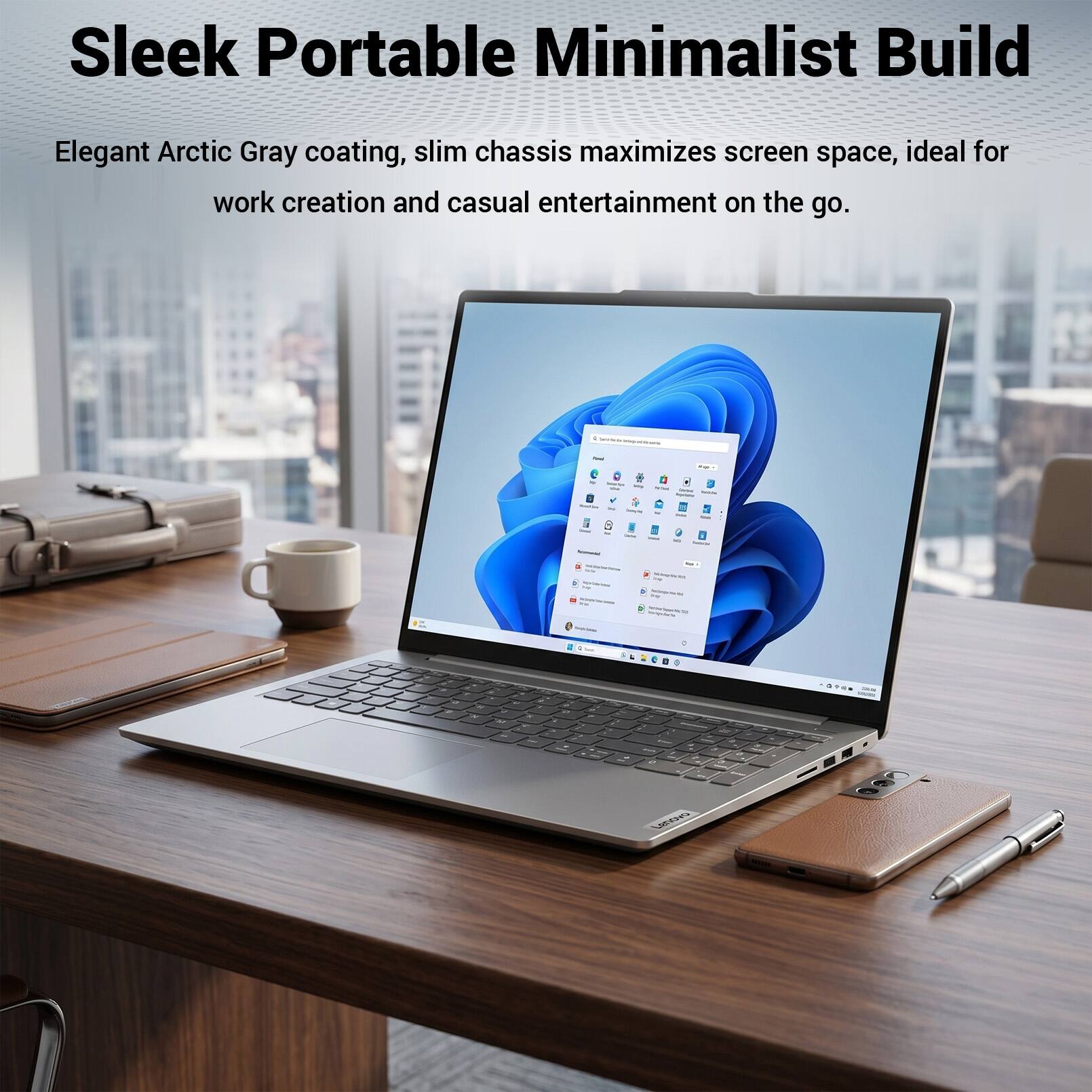 Sleek Portable Minimalist Build  
Elegant Arctic Gray coating, slim chassis maximizes screen space, ideal for work creation and casual entertainment on the go.