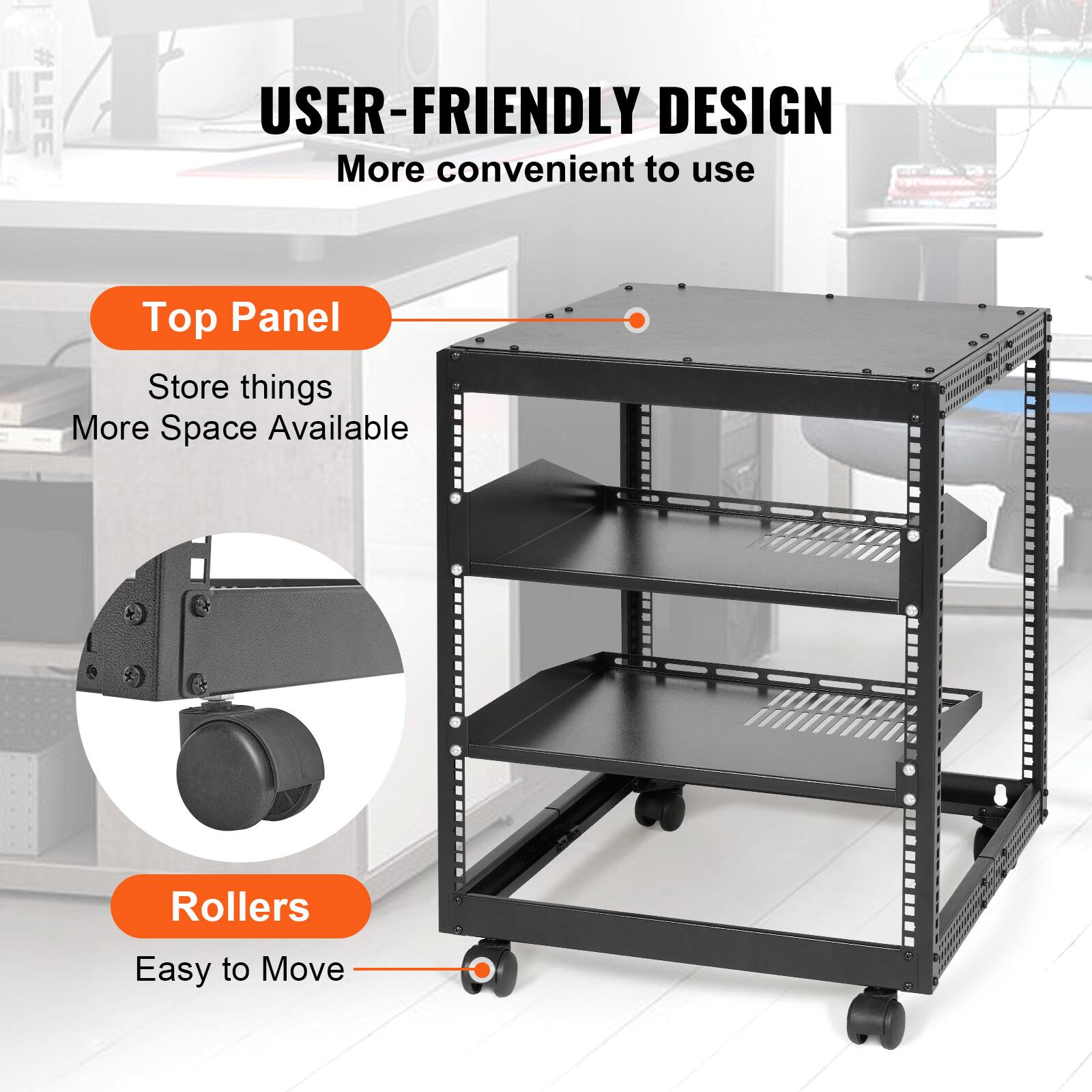 #LIFE USER-FRIENDLY DESIGN  
More convenient to use  

Top Panel  
Store things  
More Space Available  

Rollers  
Easy to Move