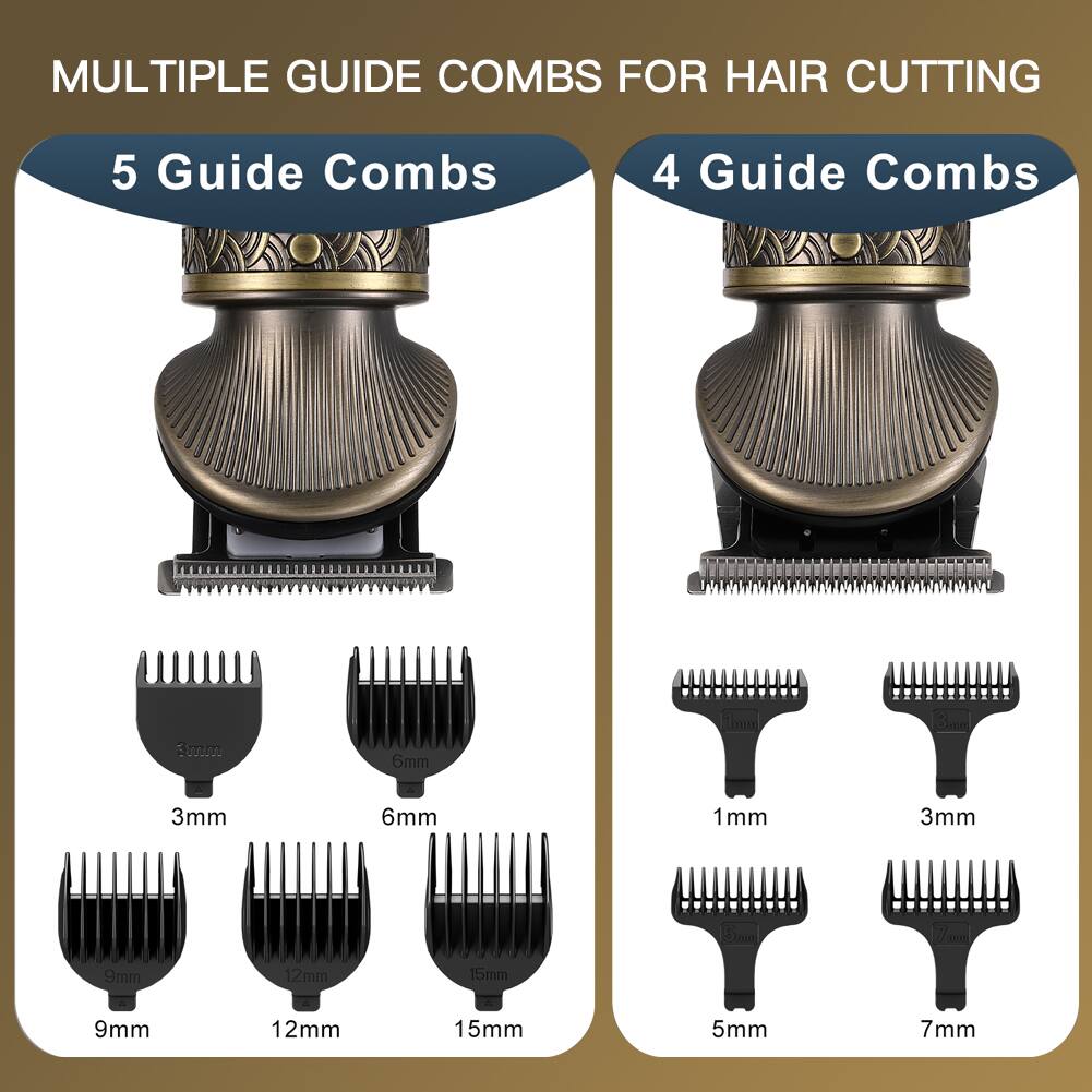 MULTIPLE GUIDE COMBS FOR HAIR CUTTING

5 Guide Combs
3mm
6mm
9mm
12mm
15mm

4 Guide Combs
1mm
3mm
5mm
7mm