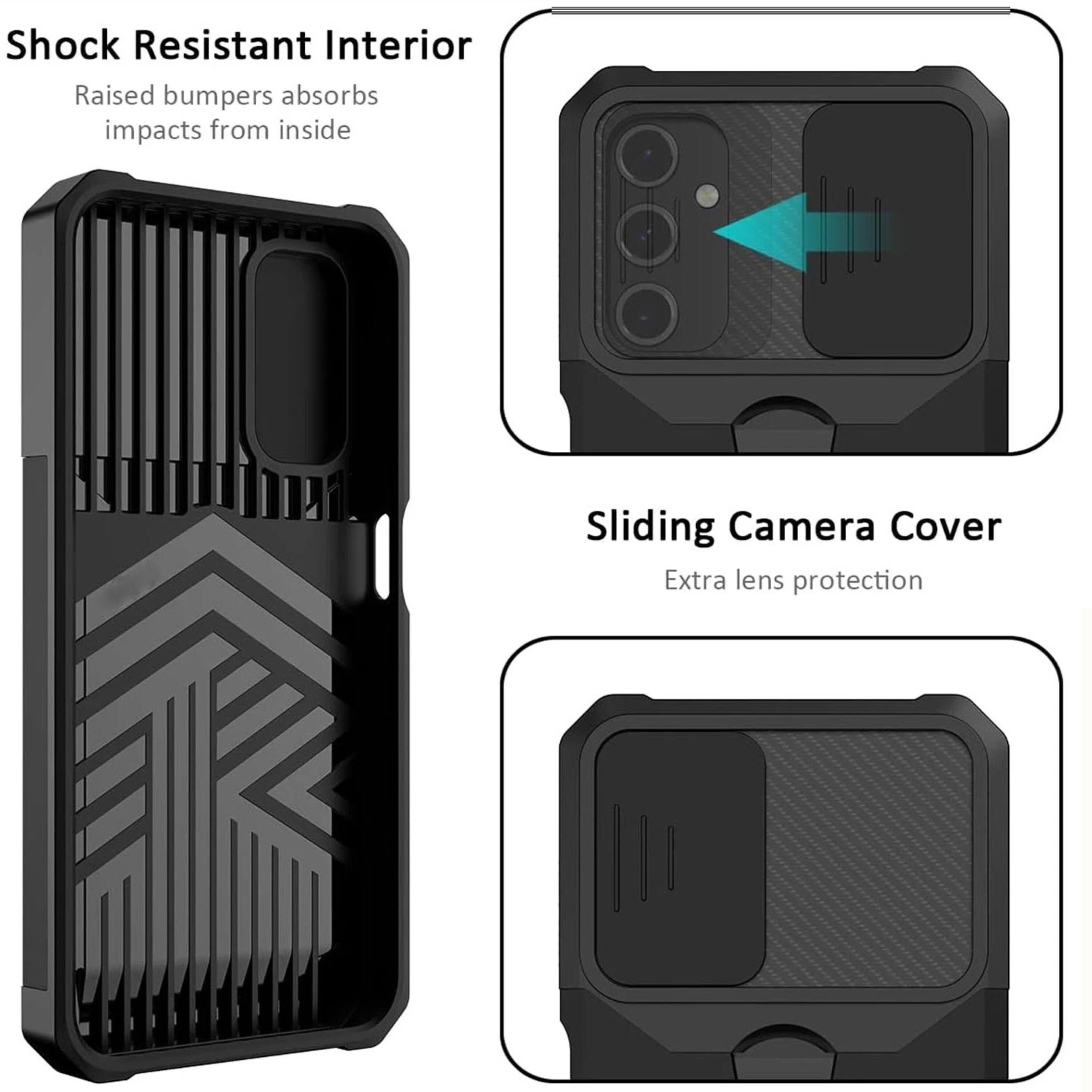 Shock Resistant Interior  
Raised bumpers absorbs impacts from inside  

Sliding Camera Cover  
Extra lens protection