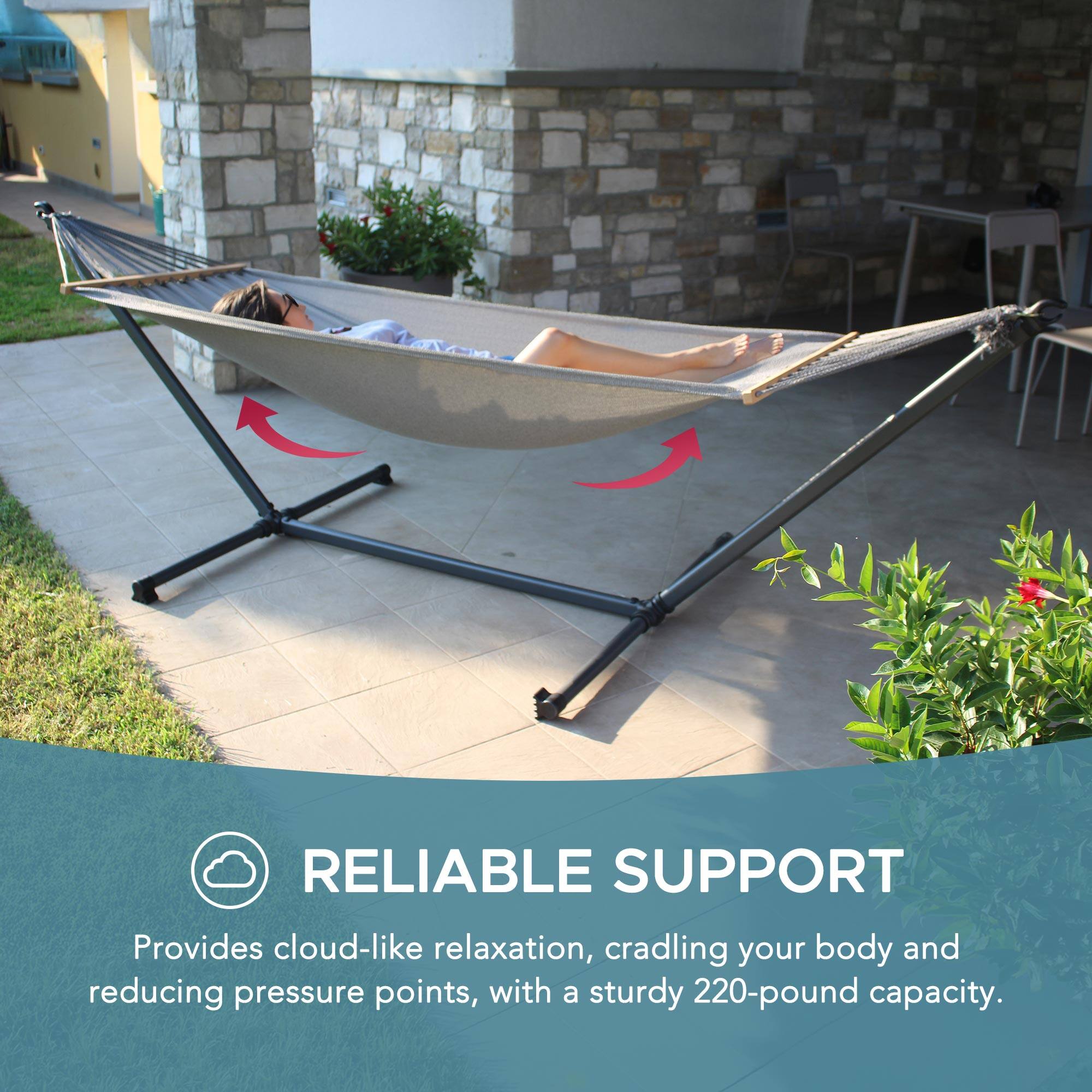 RELIABLE SUPPORT  
Provides cloud-like relaxation, cradling your body and reducing pressure points, with a sturdy 220-pound capacity.
