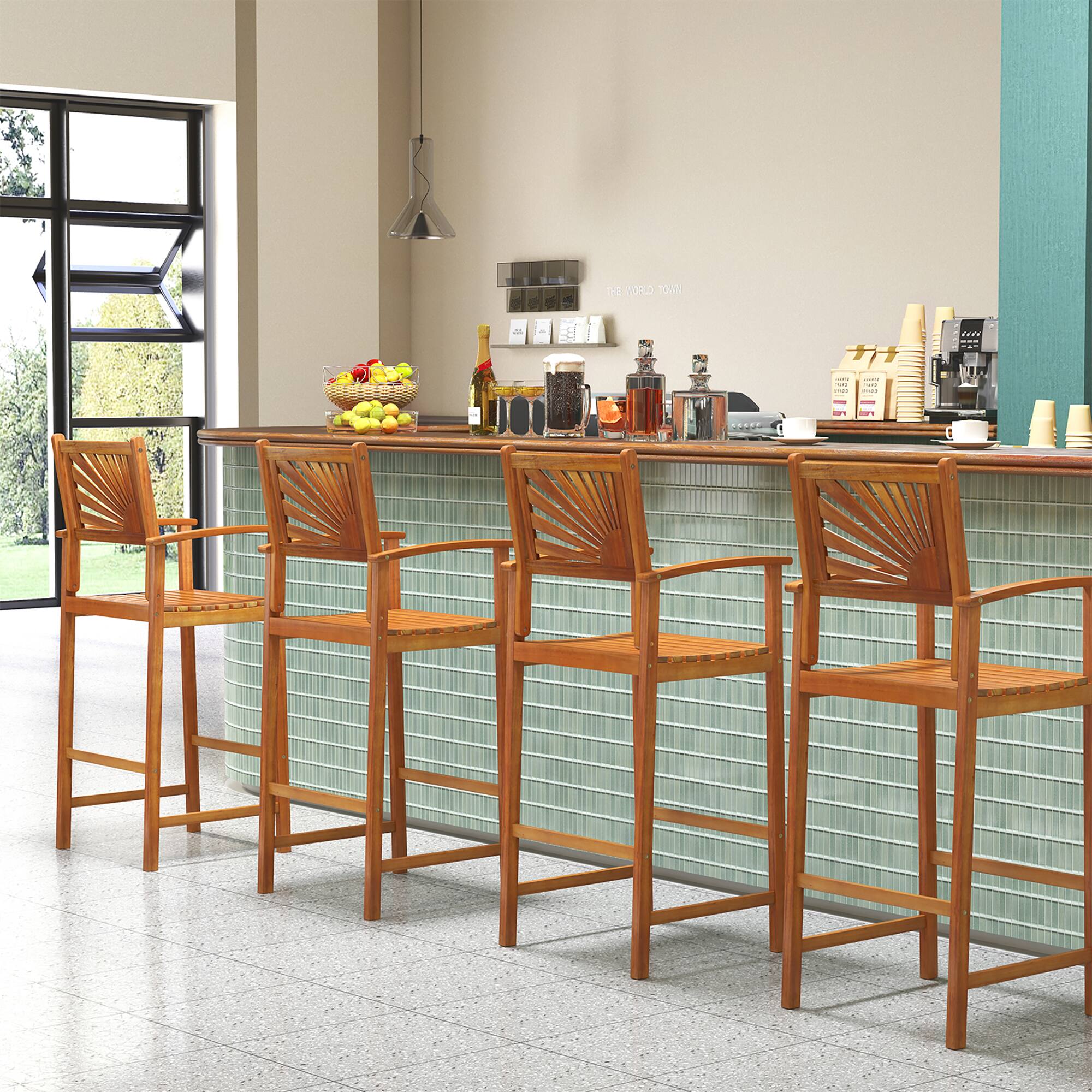Gymax Set of 4 Outdoor Acacia Wood Bar Stools Bar Height Patio