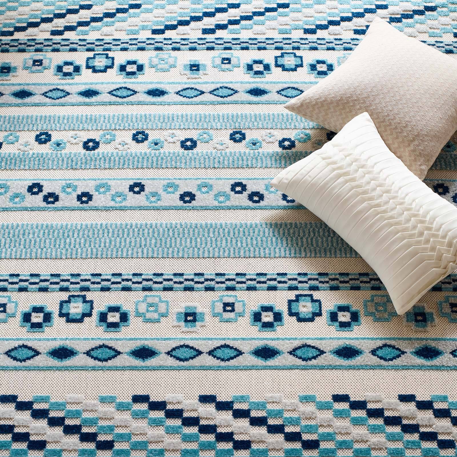 Back. Modway - Reflect Cadhla Vintage Abstract Geometric Lattice Indoor and Outdoor Area Rug - Ivory and Blue.