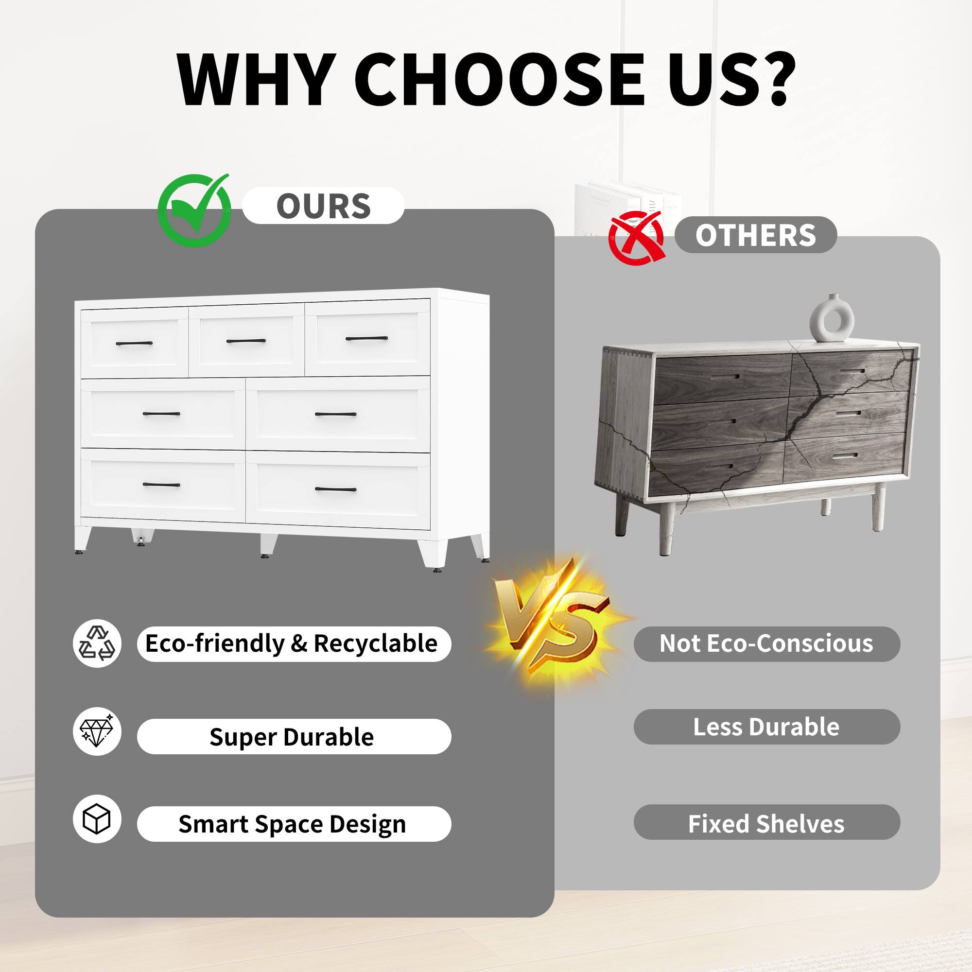 WHY CHOOSE US?

**OURS**  
- Eco-friendly & Recyclable  
- Super Durable  
- Smart Space Design  

**VS**  

**OTHERS**  
- Not Eco-Conscious  
- Less Durable  
- Fixed Shelves