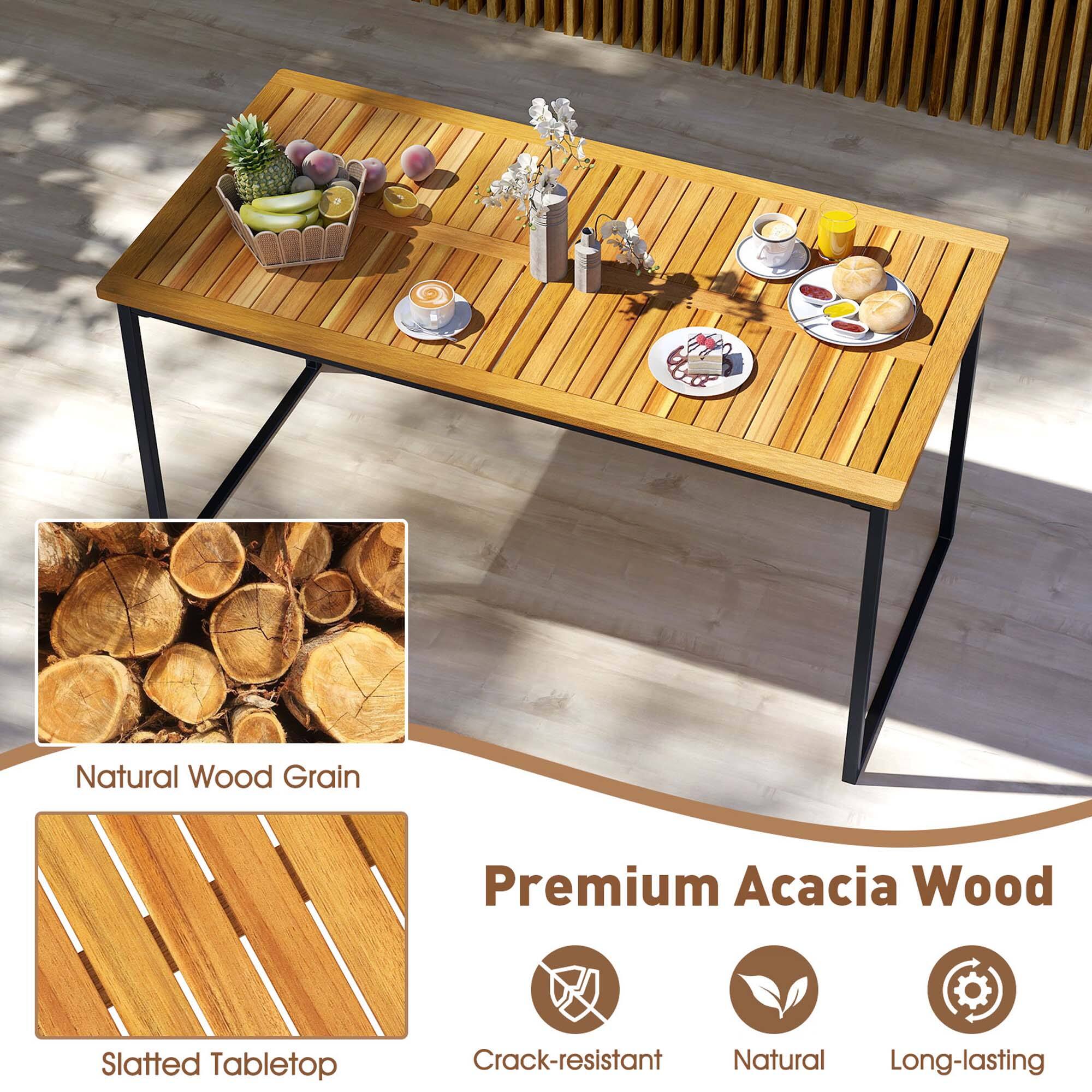 The text on the image reads: "Natural Wood Grain Premium Acacia Wood Slatted Tabletop Crack-resistant Natural Long-lasting."