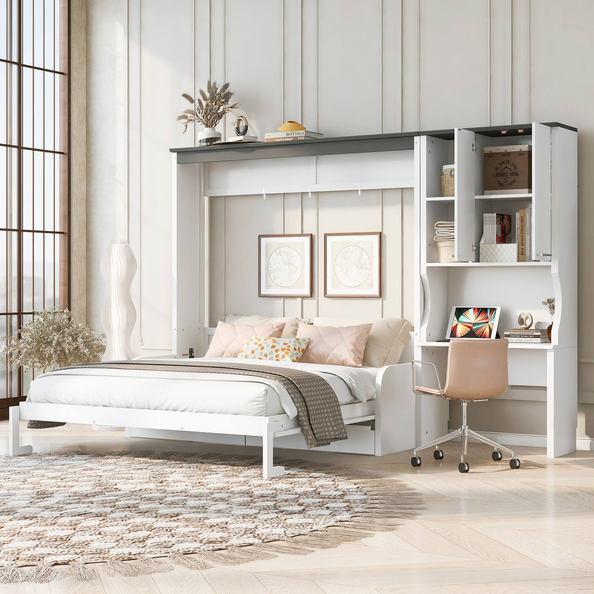 Angle. Anysun - Queen Size Murphy Bed with Sofa, Desk & Storage Cabinet, Space-Saving Foldable Wall Bed for Small Rooms - White.