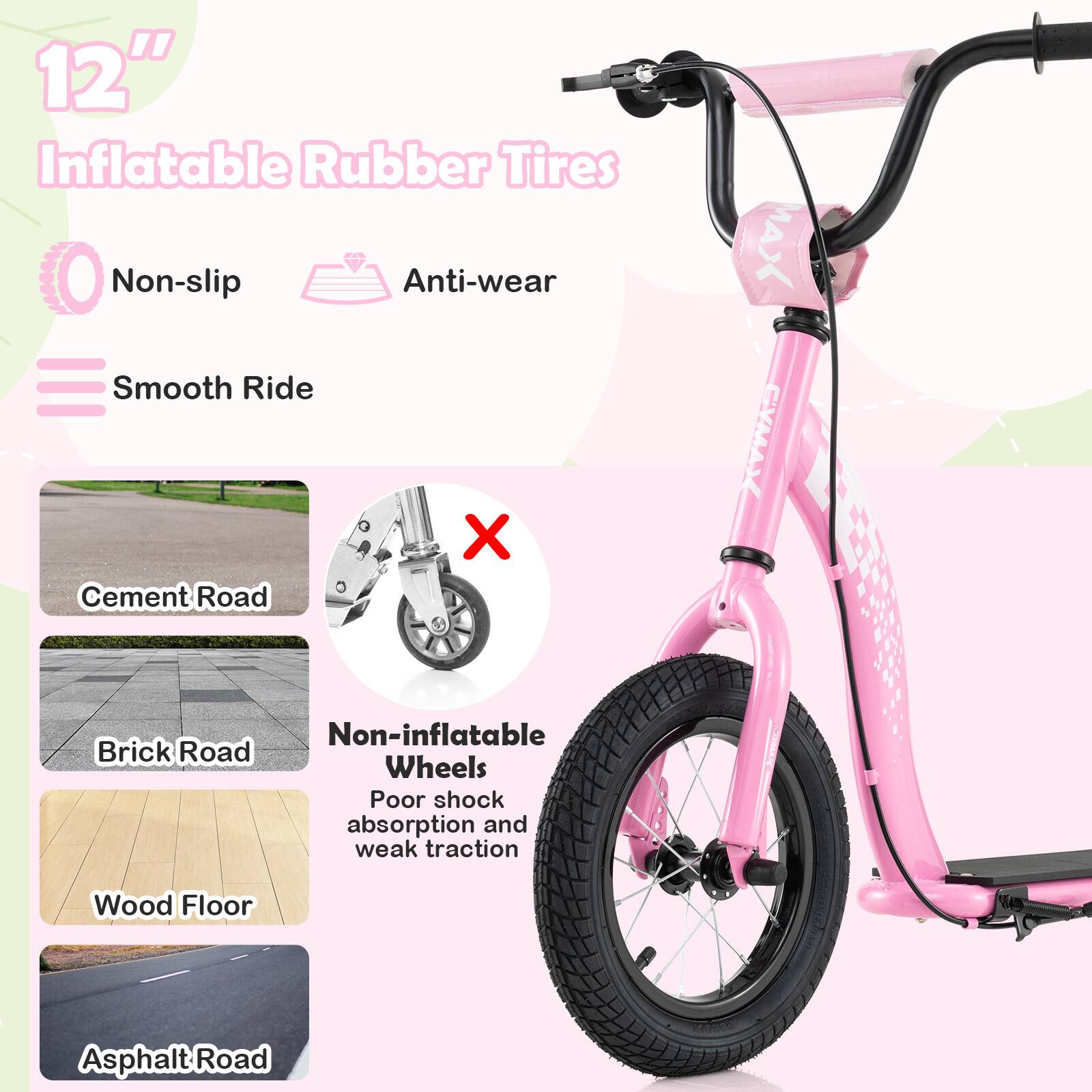 12" Inflatable Rubber Tires

- Non-slip
- Anti-wear
- Smooth Ride

Cement Road
Brick Road
Wood Floor
Asphalt Road

Non-inflatable Wheels
Poor shock absorption and weak traction