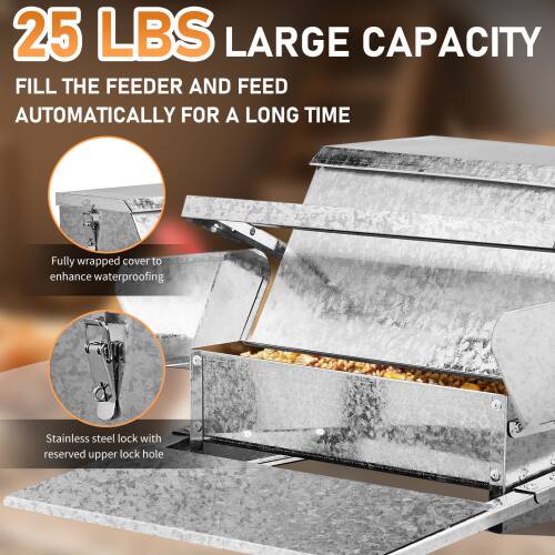 25 LBS LARGE CAPACITY  
FILL THE FEEDER AND FEED AUTOMATICALLY FOR A LONG TIME  

Fully wrapped cover to enhance waterproofing  
Stainless steel lock with reserved upper lock hole