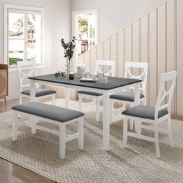 LUCKY ONE - 6-Piece Farmhouse Dining Set with 60" Rectangular Dining Table, Bench and 4 Upholstered Chairs - White