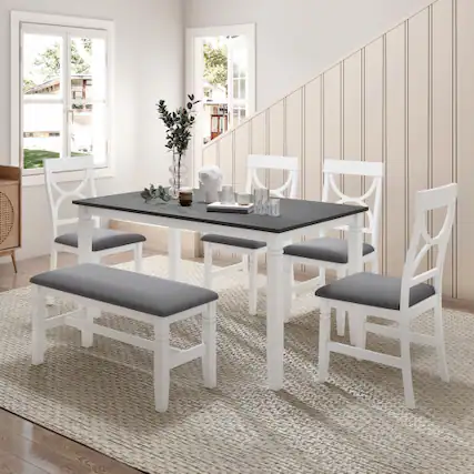 Front. LUCKY ONE - 6-Piece Farmhouse Dining Set with 60" Rectangular Dining Table, Bench and 4 Upholstered Chairs - White.