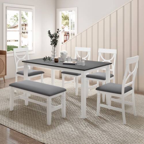 Front. LUCKY ONE - 6-Piece Farmhouse Dining Set with 60" Rectangular Dining Table, Bench and 4 Upholstered Chairs - White.