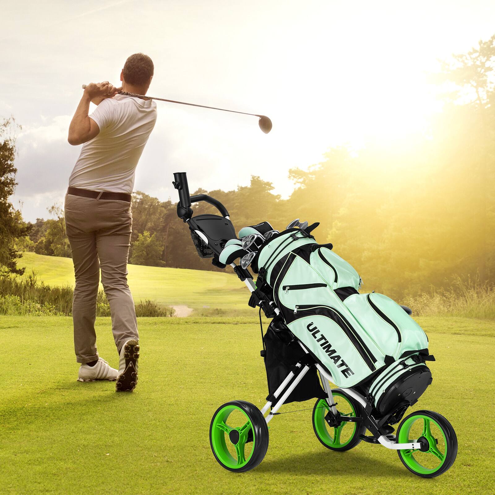 Alt View 7. Costway - Costway Folding 3 Wheels Golf Push Cart W/Seat Scoreboard Adjustable Handle - Green.
