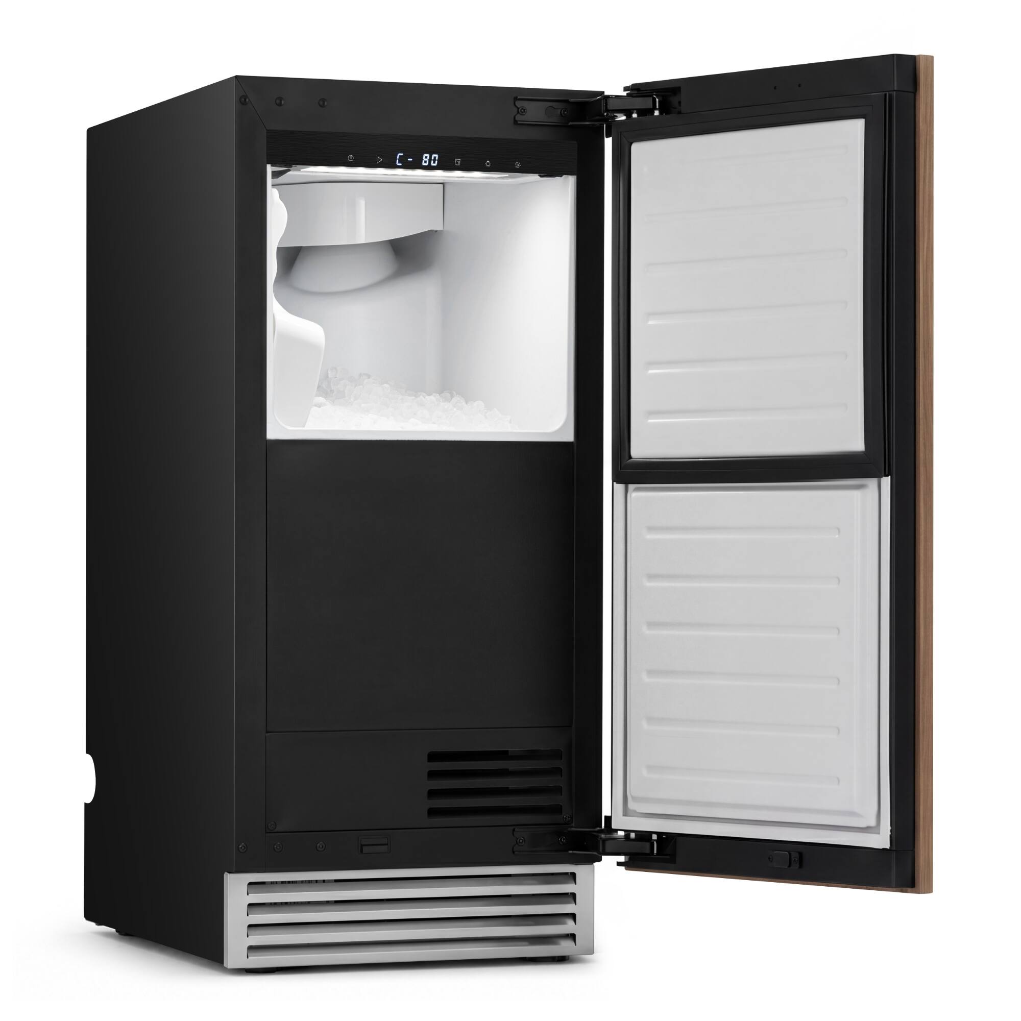 Left. Ca'Lefort - 15 Inch Panel Ready Built-In Nugget Ice Maker, 33 Lbs Ice Storage, Under Counter Ice Machine (Panel Not Included) - Stainless Steel.