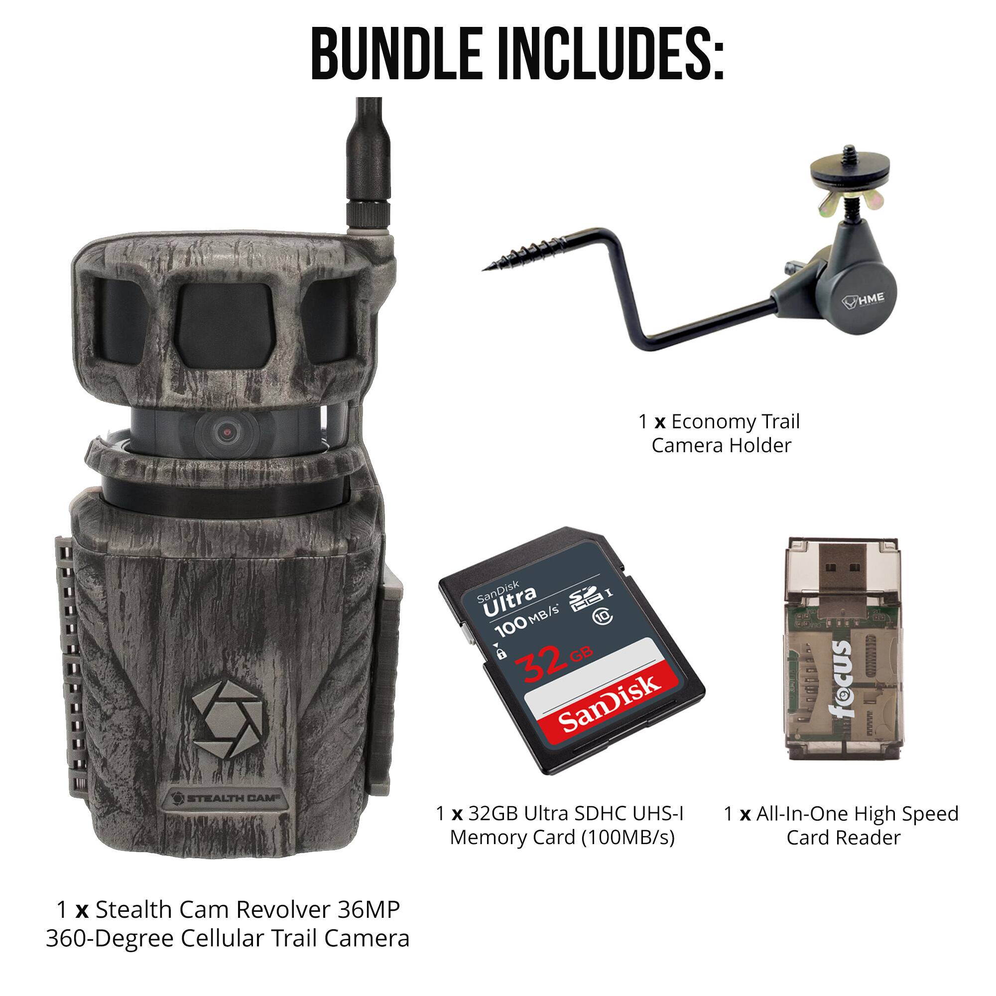 BUNDLE INCLUDES:  
1 x Economy Trail Camera Holder  
1 x Stealth Cam Revolver 36MP 360-Degree Cellular Trail Camera  
1 x 32GB Ultra SDHC UHS-I Memory Card (100MB/s)  
1 x All-In-One High Speed Card Reader