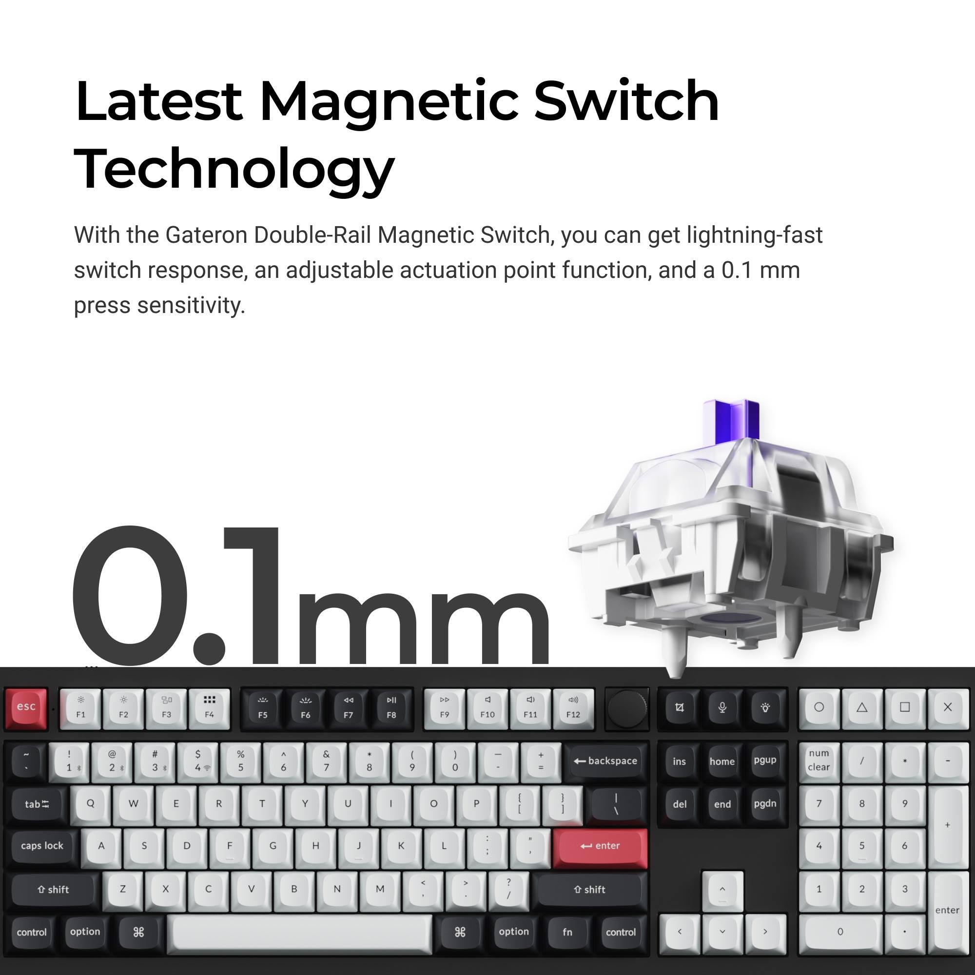 Latest Magnetic Switch Technology

With the Gateron Double-Rail Magnetic Switch, you can get lightning-fast switch response, an adjustable actuation point function, and a 0.1 mm press sensitivity.

0.1 mm