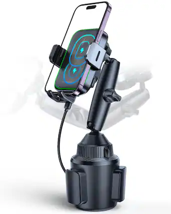 Front. HM 1810 - Dual Coil Wireless Car Auto Clamping 15w Cup Holder Phone Mount Fast Charge Tri pivots Height Truck For 12 17 - Default.