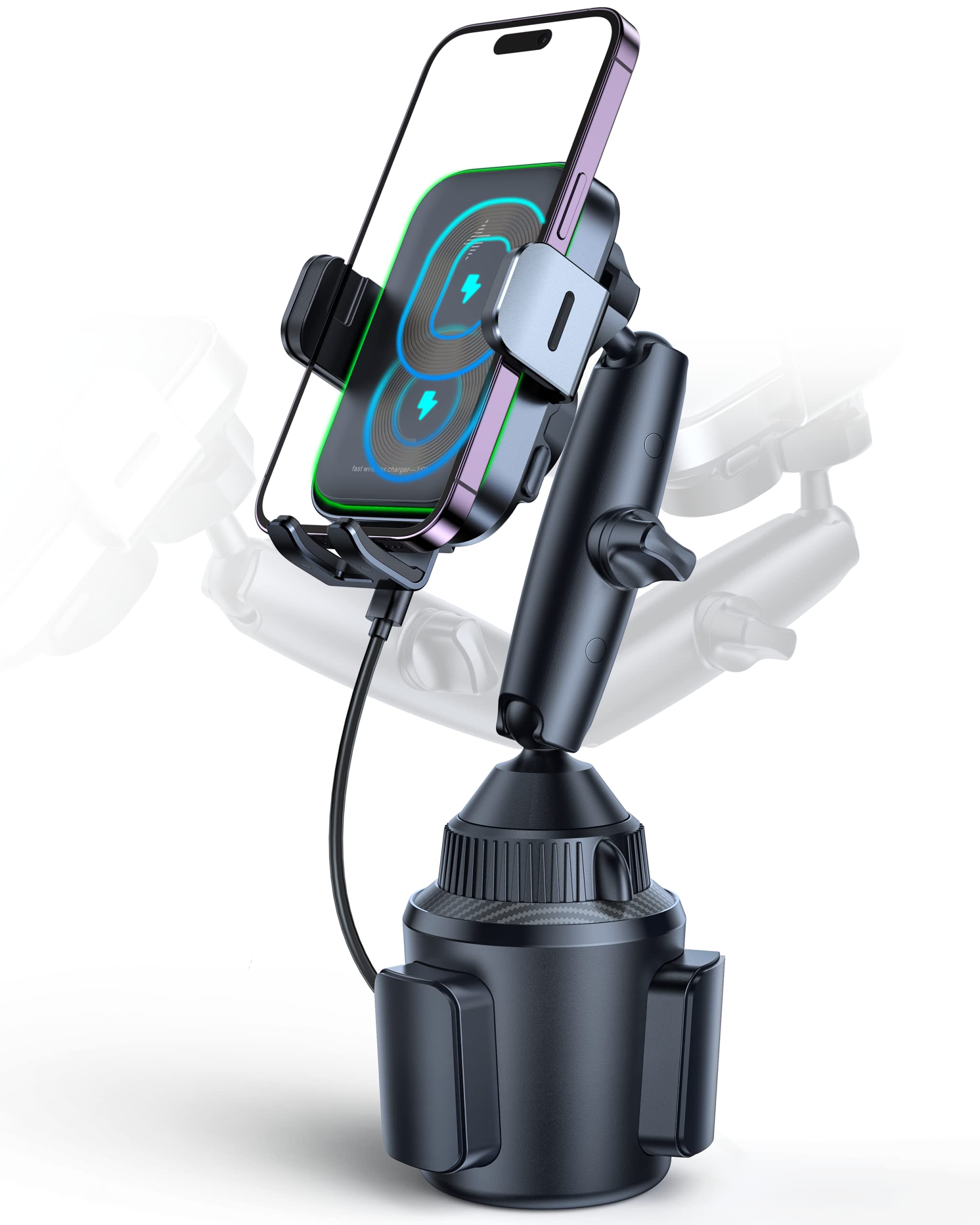 Front. HM 1810 - Dual Coil Wireless Car Auto Clamping 15w Cup Holder Phone Mount Fast Charge Tri pivots Height Truck For 12 17 - Default.