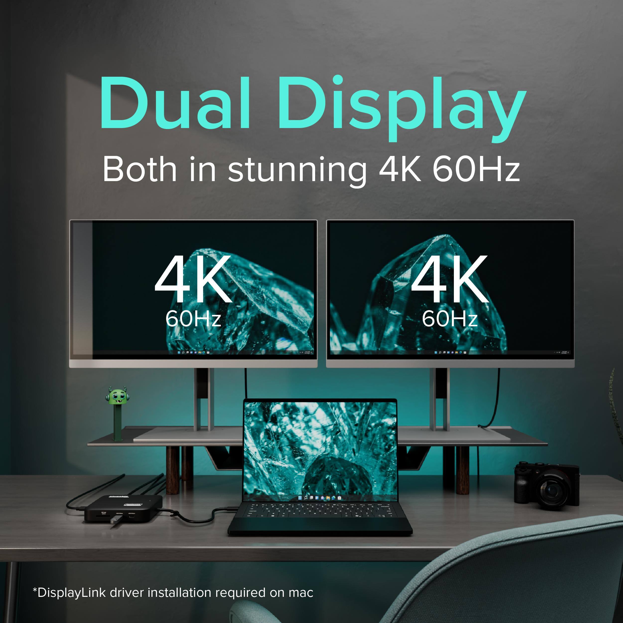 Dual Display  
Both in stunning 4K 60Hz  

4K 60Hz  
4K 60Hz  

*DisplayLink driver installation required on mac
