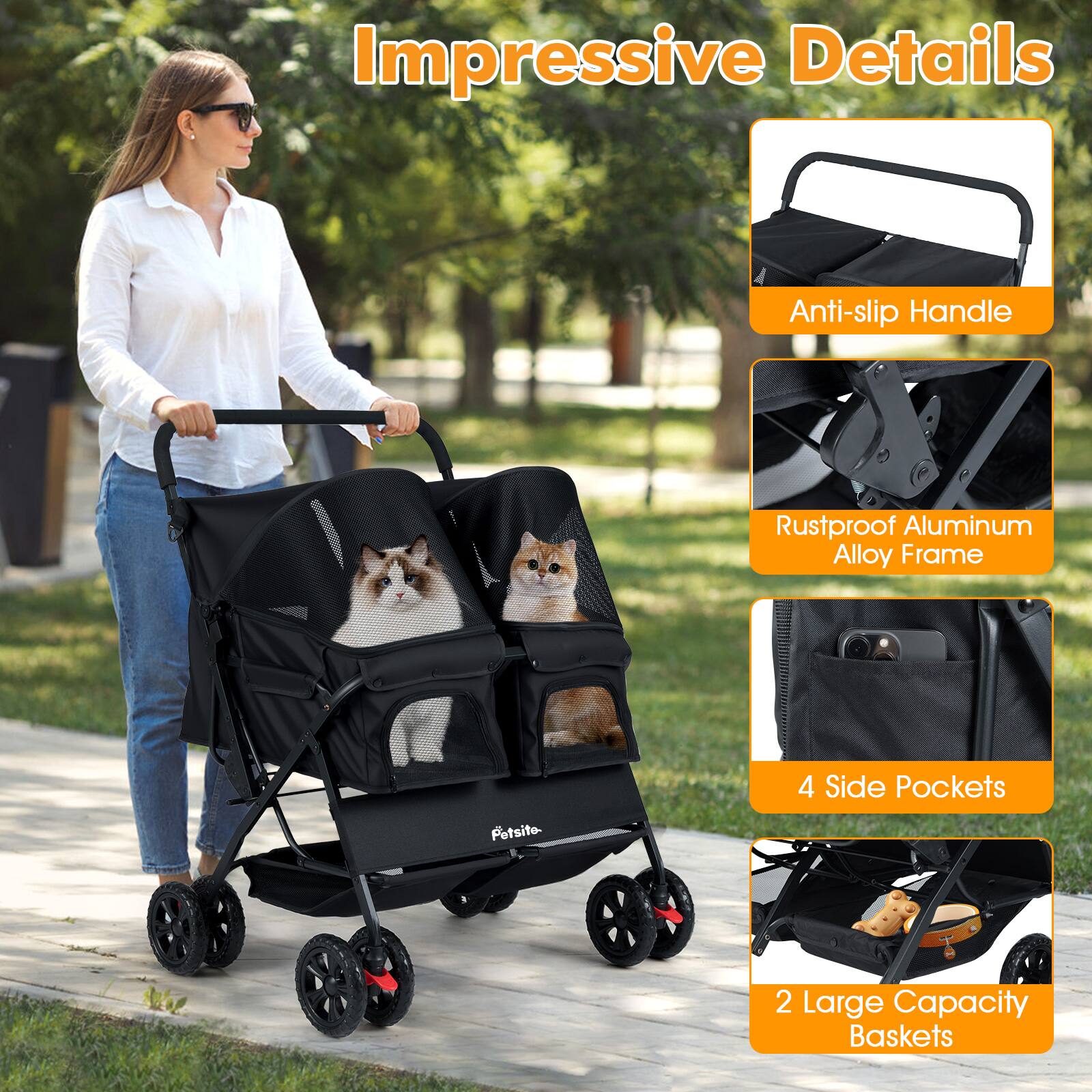 Impressive Details  
Anti-slip Handle  
Rustproof Aluminum Alloy Frame  
4 Side Pockets  
2 Large Capacity Baskets