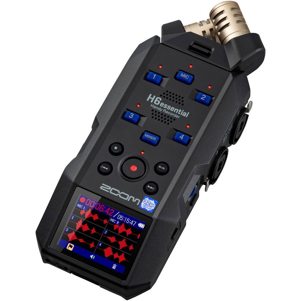1. MIC H6
2. H6 Essential Handy Recorder
3. MIXER
4. MIC 1
5. MIC 2
6. MIC 3
7. MIC 4
8. 32-bit
9. 00:06:42
10. Float 1
11. 05:15:47
12. MIC L
13. MIC R