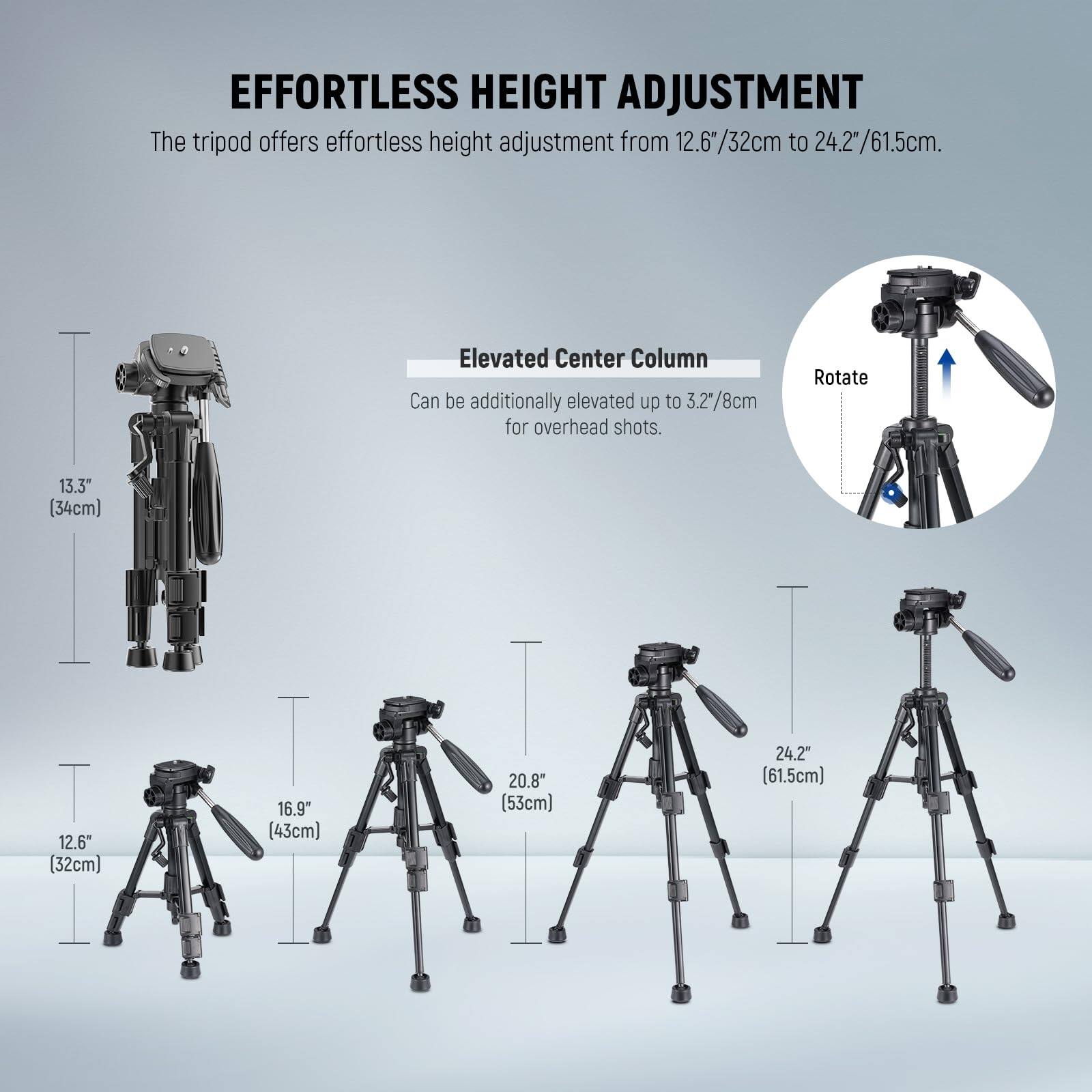EFFORTLESS HEIGHT ADJUSTMENT  
The tripod offers effortless height adjustment from 12.6"/32cm to 24.2"/61.5cm.  

Elevated Center Column  
Can be additionally elevated up to 3.2"/8cm for overhead shots.  

Rotate  
13.3" (34cm)  
12.6" (32cm)  
16.9" (43cm)  
20.8" (53cm)  
24.2" (61.5cm)