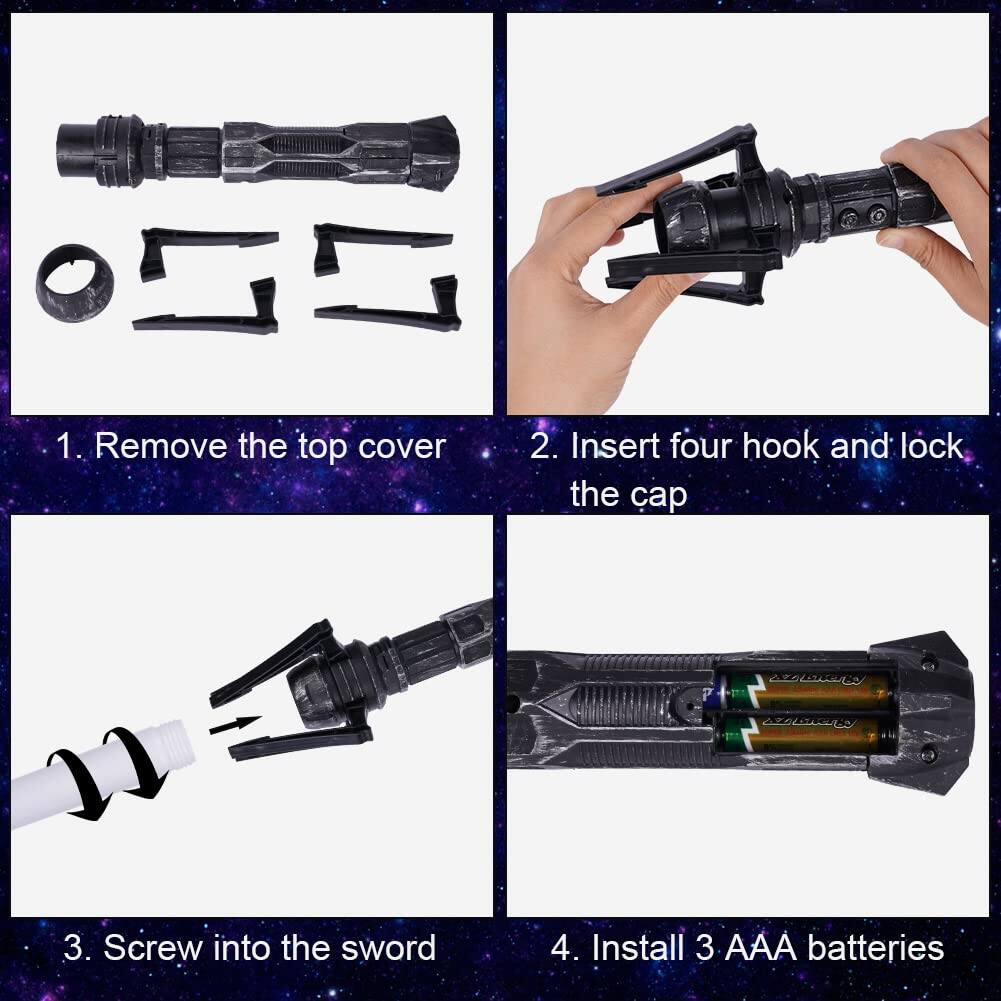 1. Remove the top cover  
2. Insert four hooks and lock the cap  
3. Screw into the sword  
4. Install 3 AAA batteries