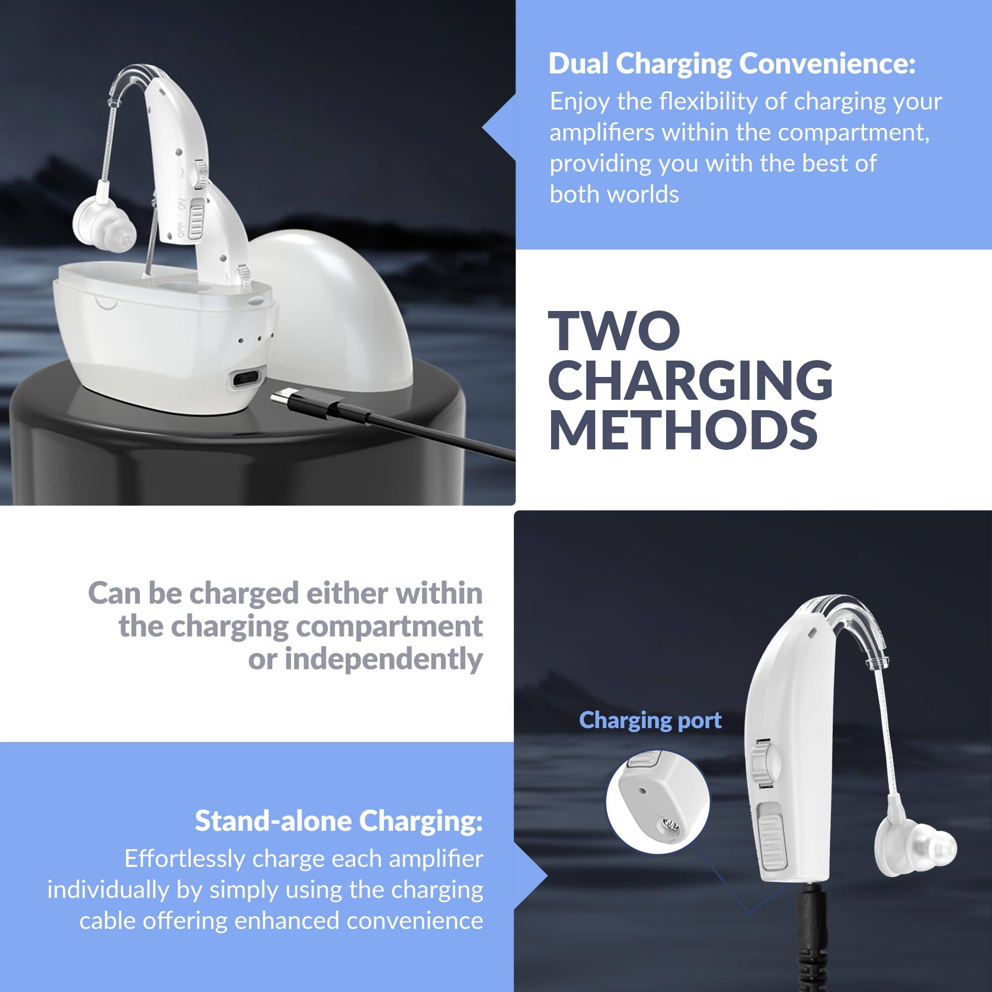 Dual Charging Convenience:  
Enjoy the flexibility of charging your amplifiers within the compartment, providing you with the best of both worlds

TWO CHARGING METHODS

Can be charged either within the charging compartment or independently

Stand-alone Charging:  
Effortlessly charge each amplifier individually by simply using the charging cable offering enhanced convenience

Charging port