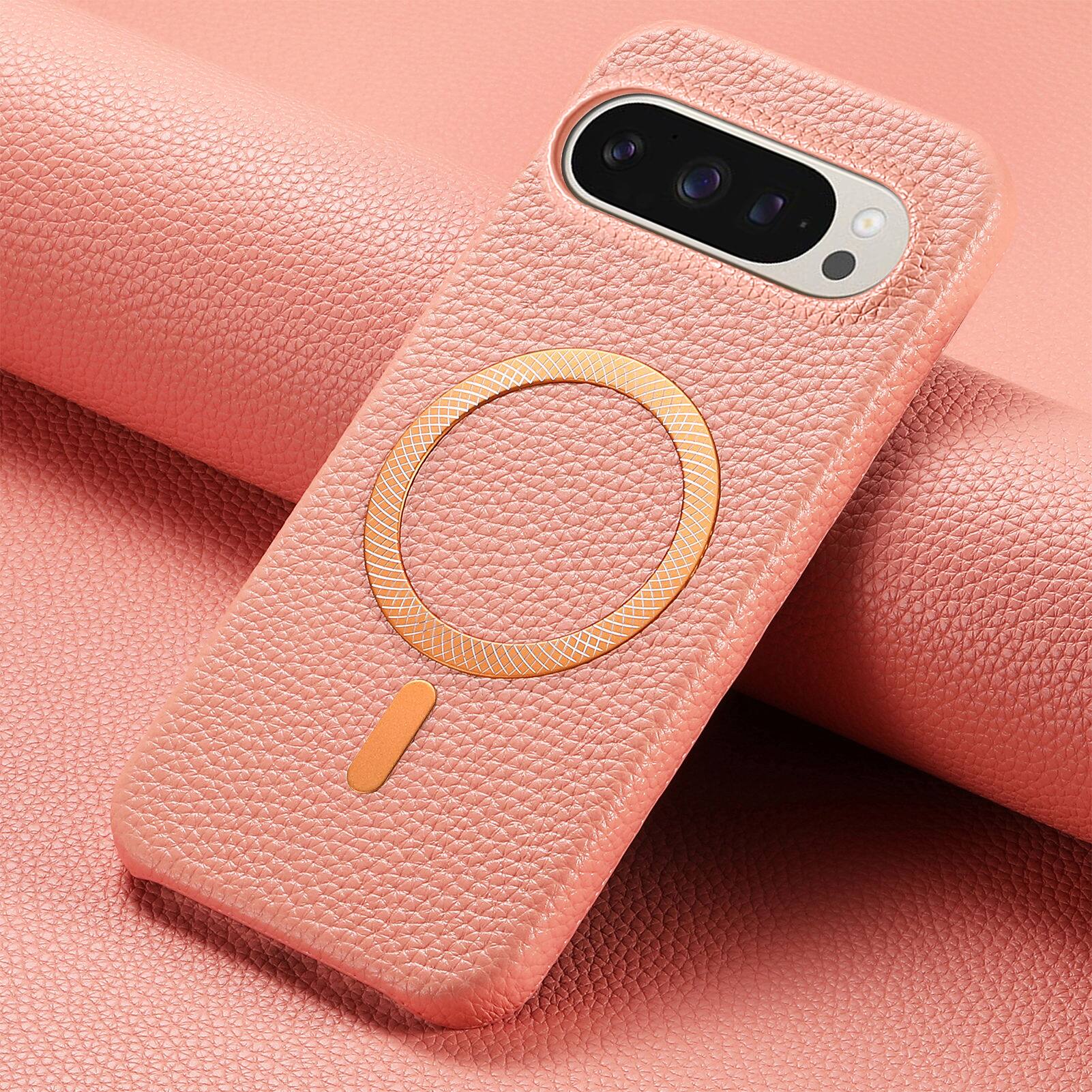 Alt View 4. Dteck - Lychee Texture Case for Google Pixel 10 Pro XL, Premium PU Leather Magnetic Shockproof Hard PC Cover with Raised Edges - Pink.