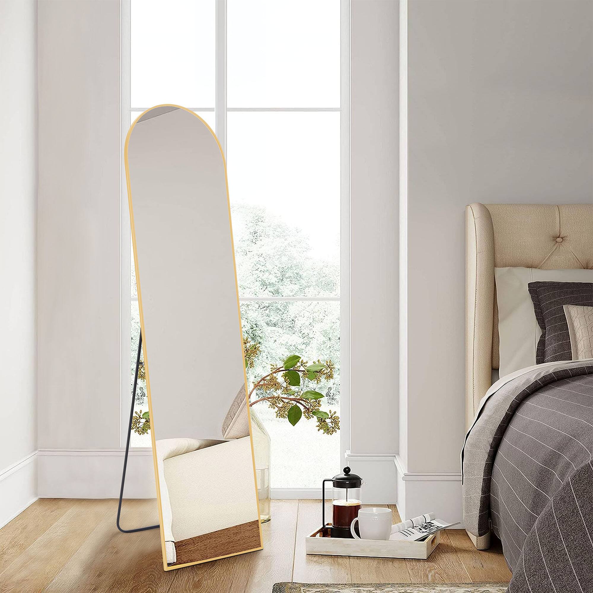 Front. AENKYO - 59"x16" Arched Full Length Mirror, Standing or Leaning Full Body Mirror with Aluminum Alloy Thin Frame - Gold.
