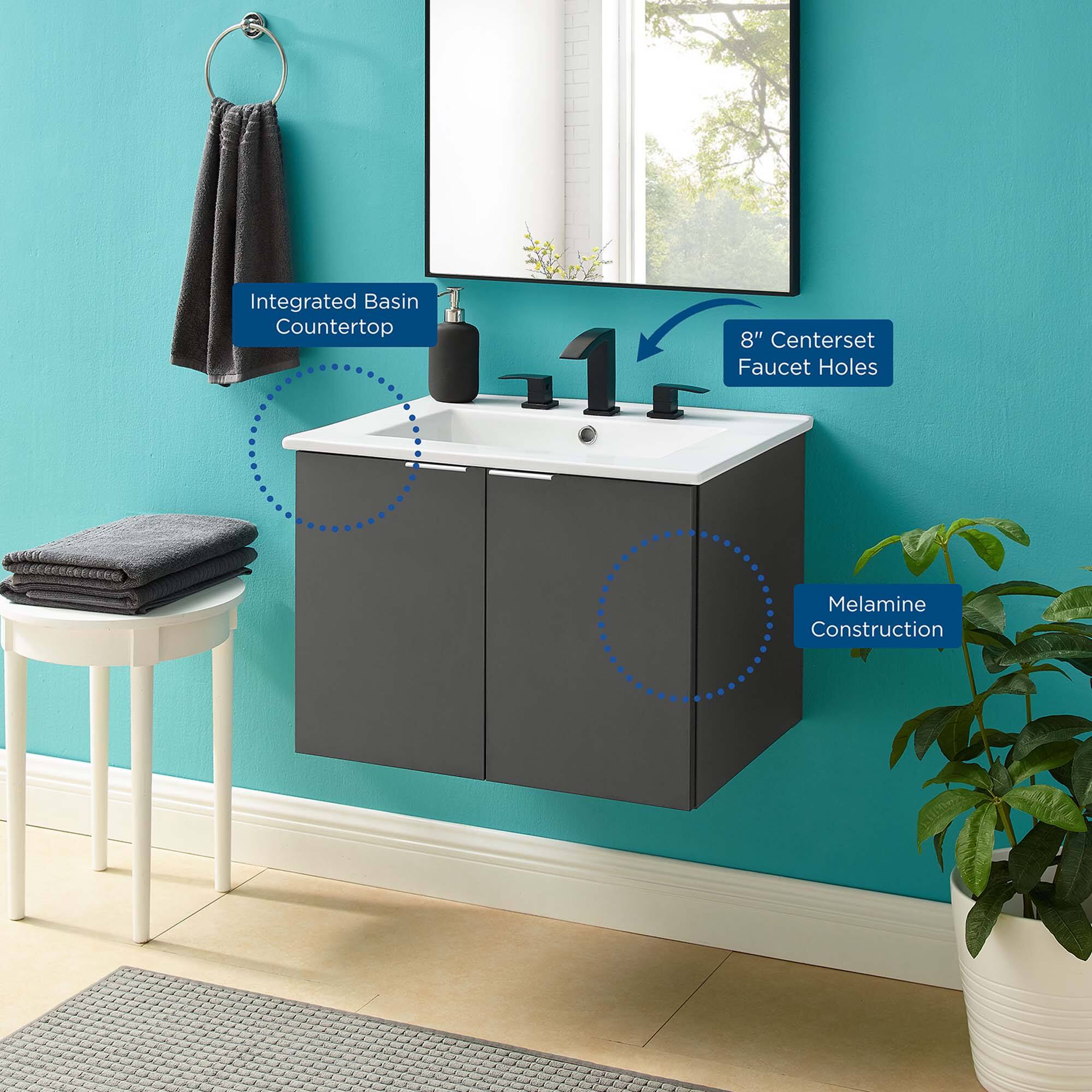 Integrated Basin Countertop  
8" Centerset Faucet Holes  
Melamine Construction