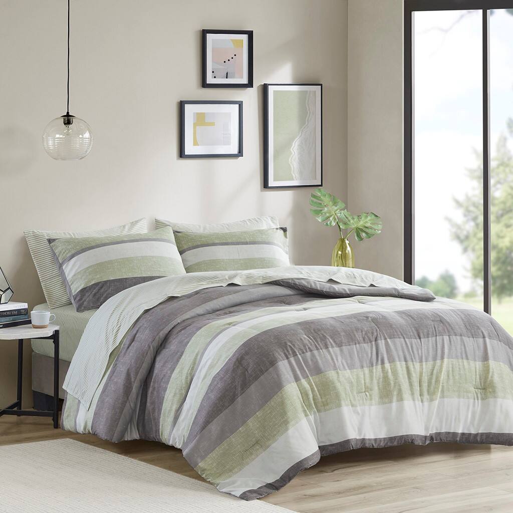 Alt View 1. Gracie Mills - Gracie Mills Ware Striped Comforter Set with Bed Sheets - Green/Grey.